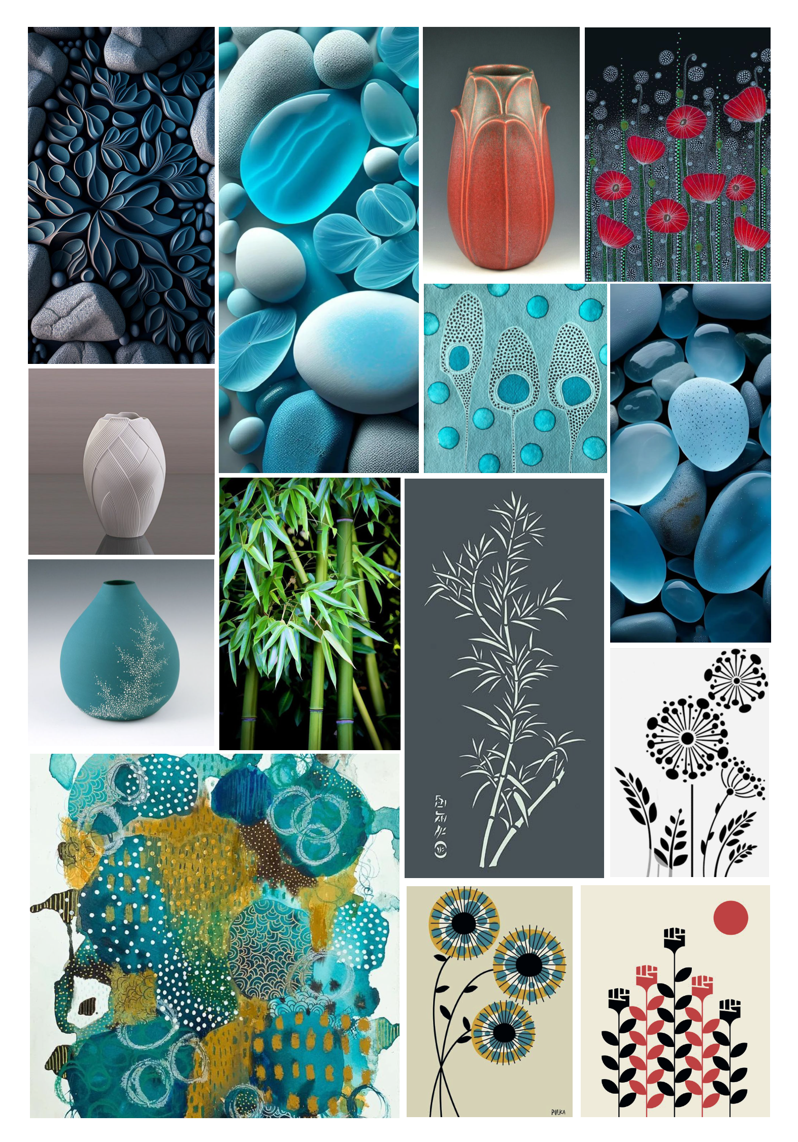 A collage of various art pieces including abstract paintings, pottery, and nature-inspired designs in shades of blue, black, beige, red, and green.