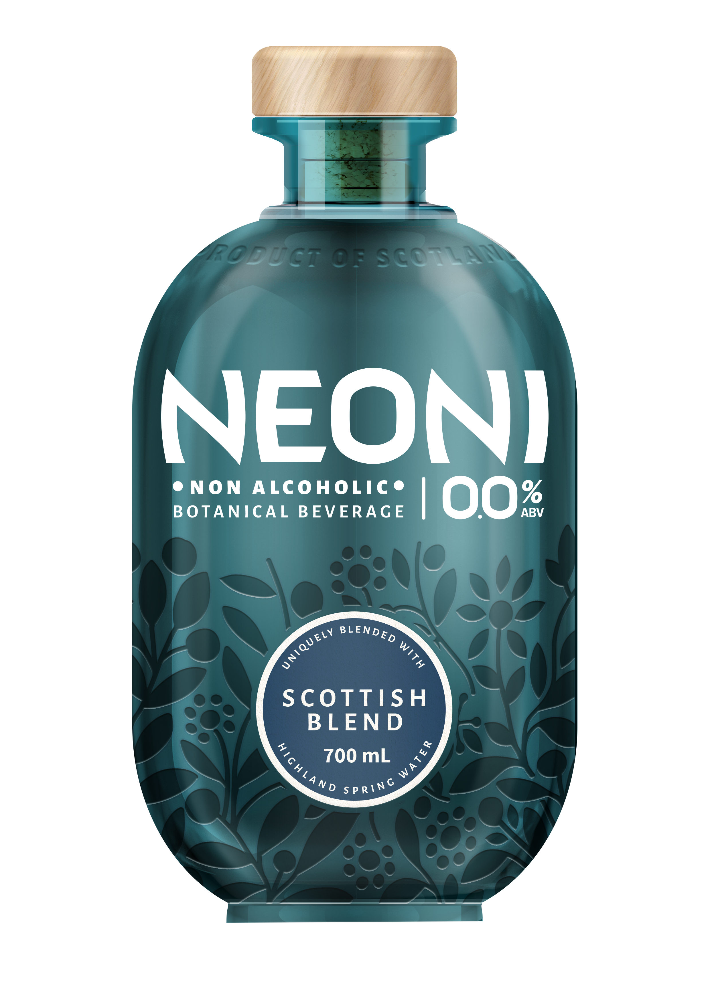 A 700 mL bottle of NeON non-alcoholic botanical beverage with a Scottish blend. The bottle is teal with a botanical pattern and a wooden cap.