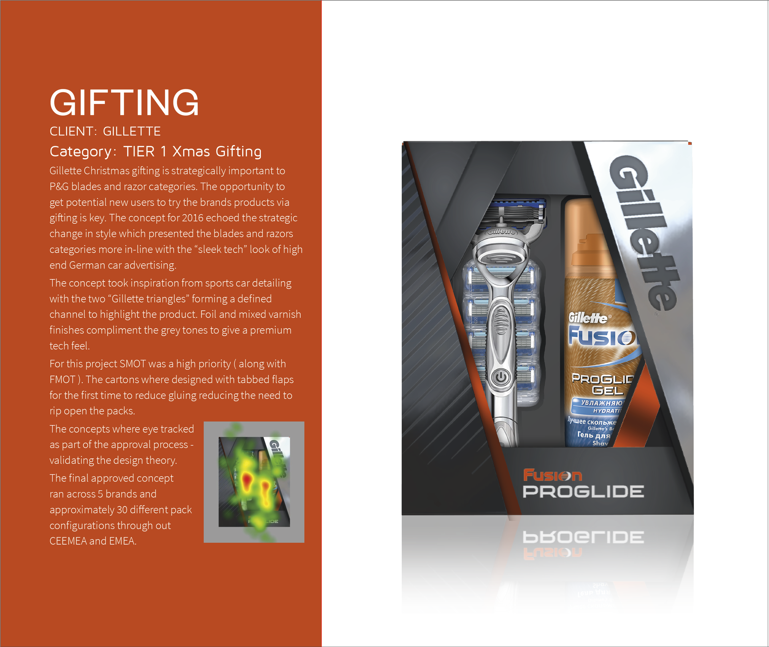 A brochure page featuring Gillette branding and products. The left side has orange background with white text discussing the importance of Christmas gifting for Gillette. The right side shows a partially opened box with Gillette Fusion ProGlide razor