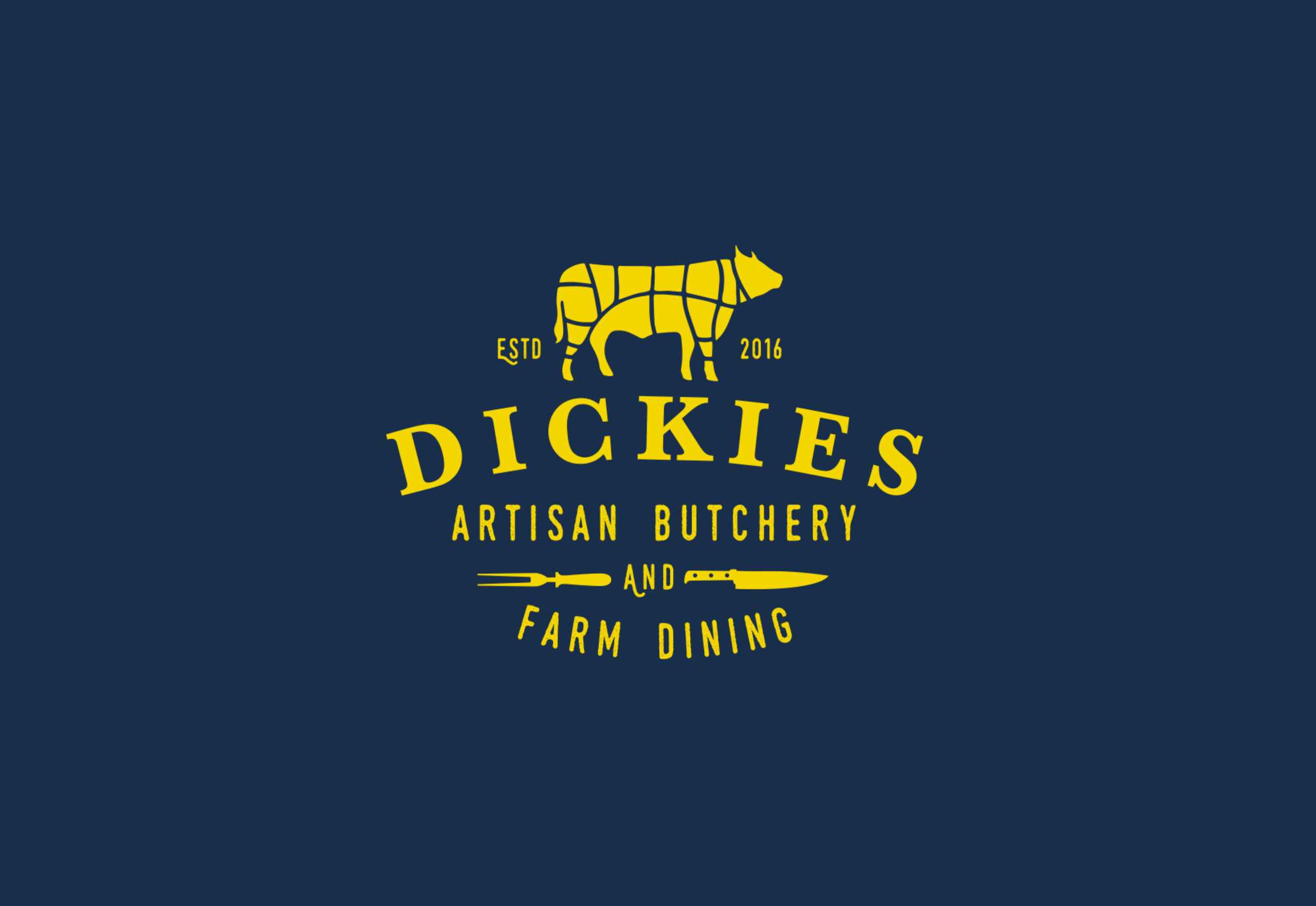 Logo for Dickies Artisan Butchery and Farm Dining featuring a yellow pig silhouette with a distressed style on a blue background.