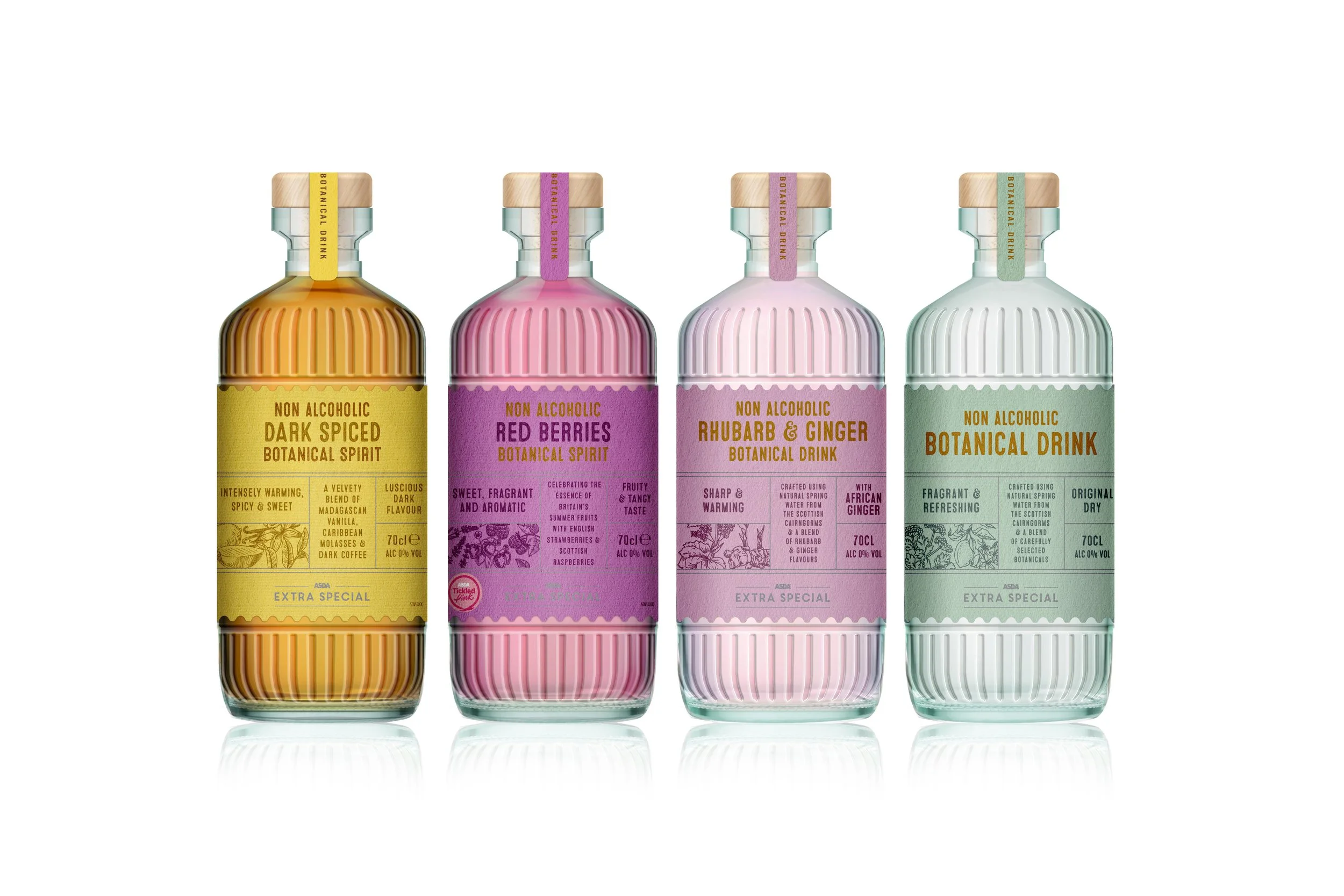 Four bottles of non-alcoholic botanical drinks with colorful labels: dark spiced, red berries, rhubarb & ginger, and original dry, placed side by side.