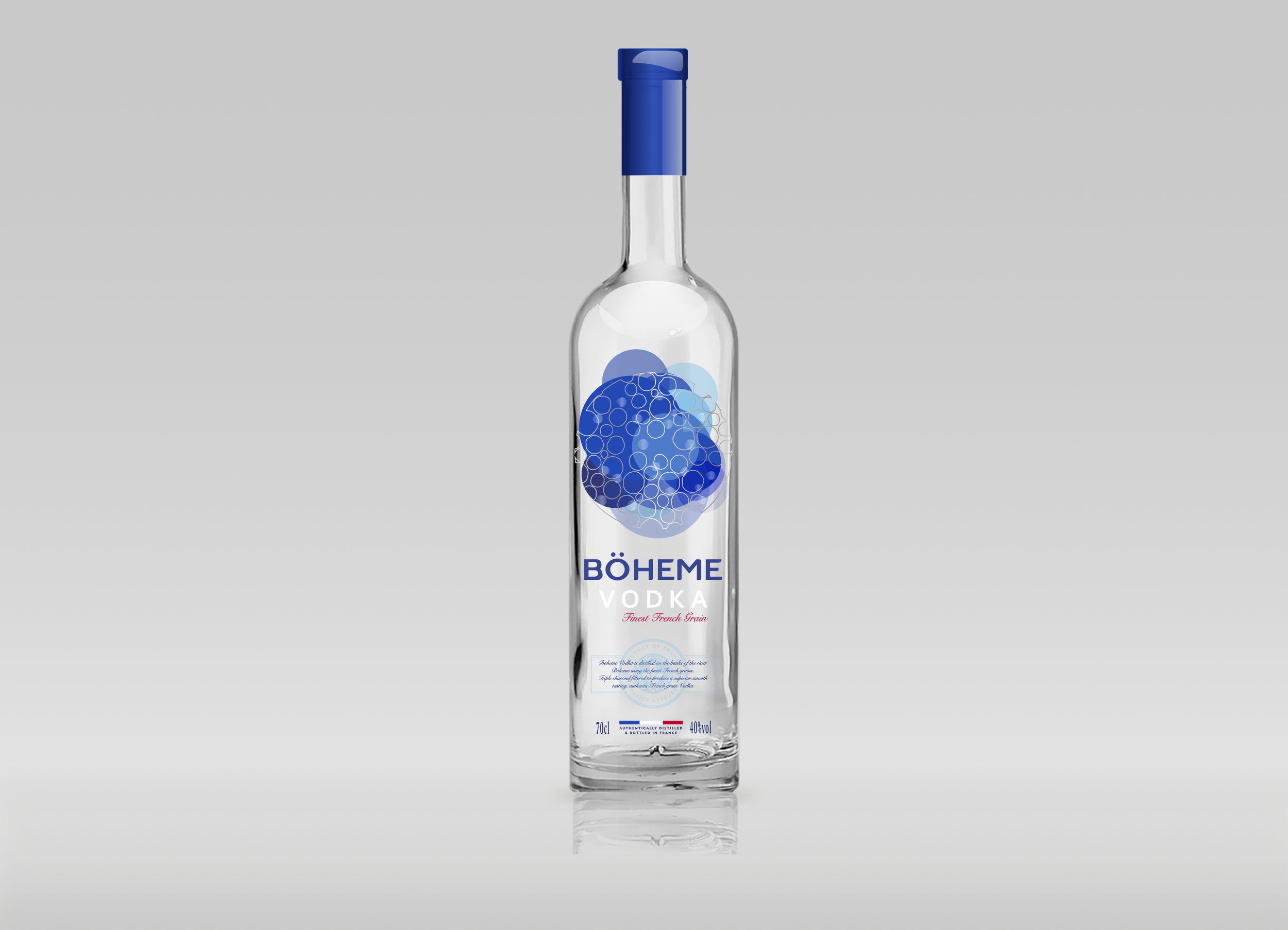 A tall, clear glass bottle of Boheme vodka with a blue cap and label featuring blue circles and white text on a gray background.