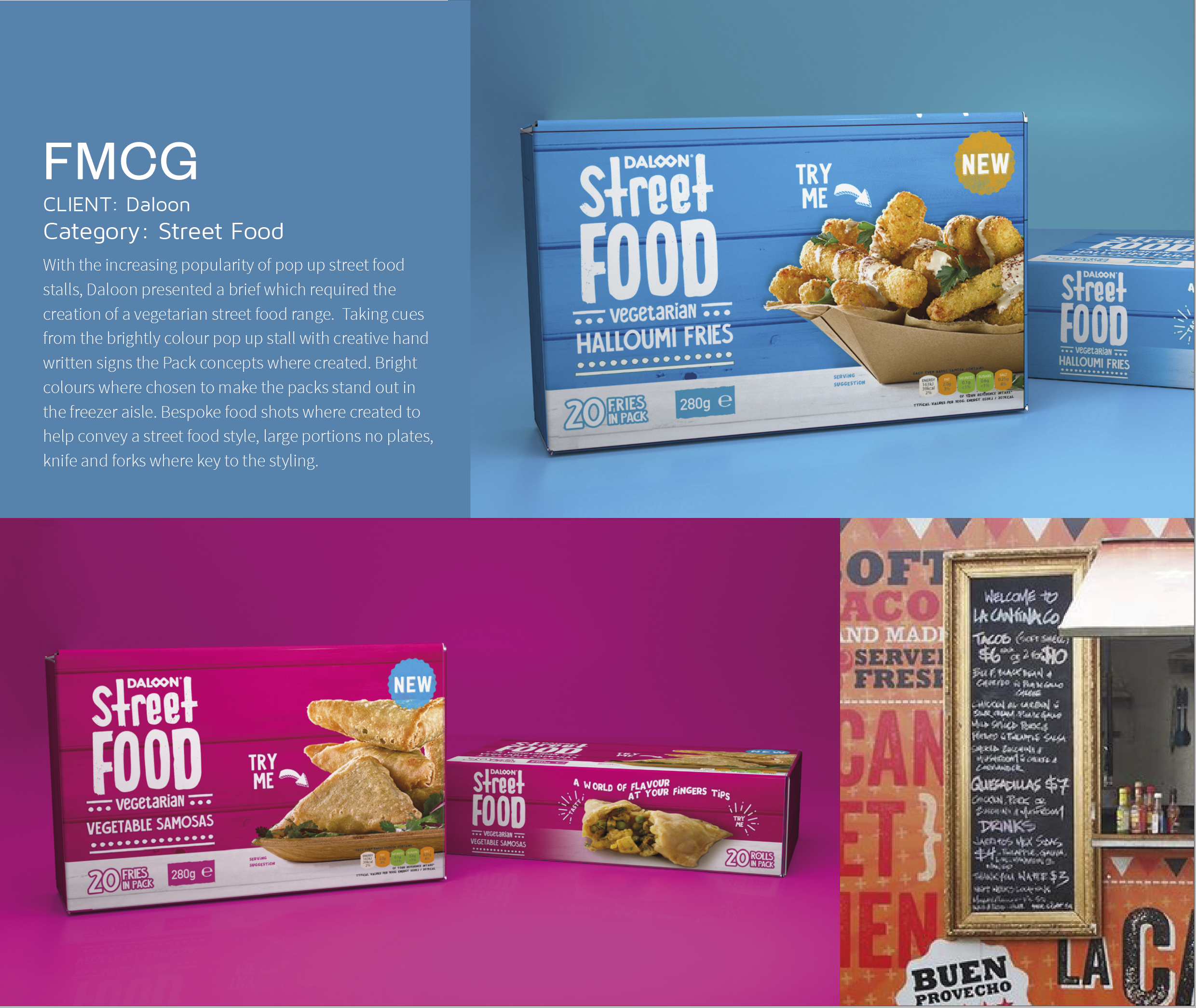 Boxes of vegetarian halloumi fries and vegetable samosas from Daloon Street Food. The boxes are pink and blue, with the product images and descriptions on the front.