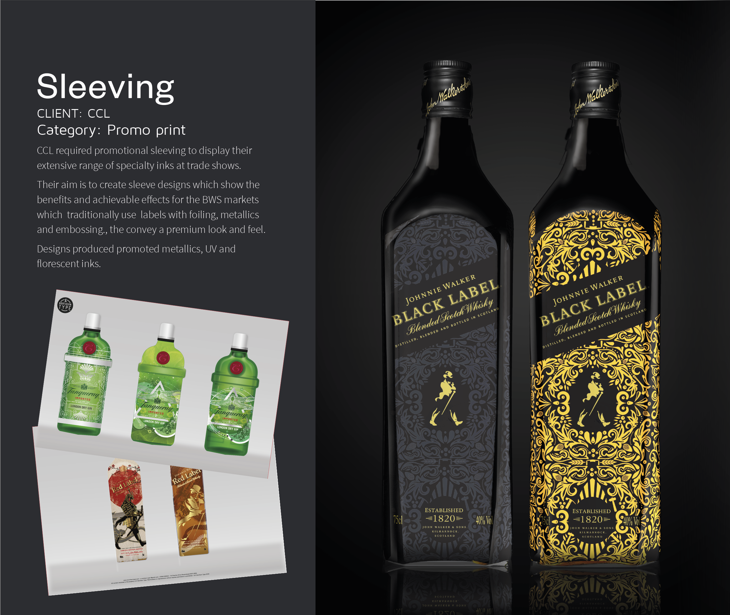 Promotional shelf display for Johnnie Walker Black Label whisky featuring two black bottles with gold label design details and ornate, decorative patterns on the bottles.