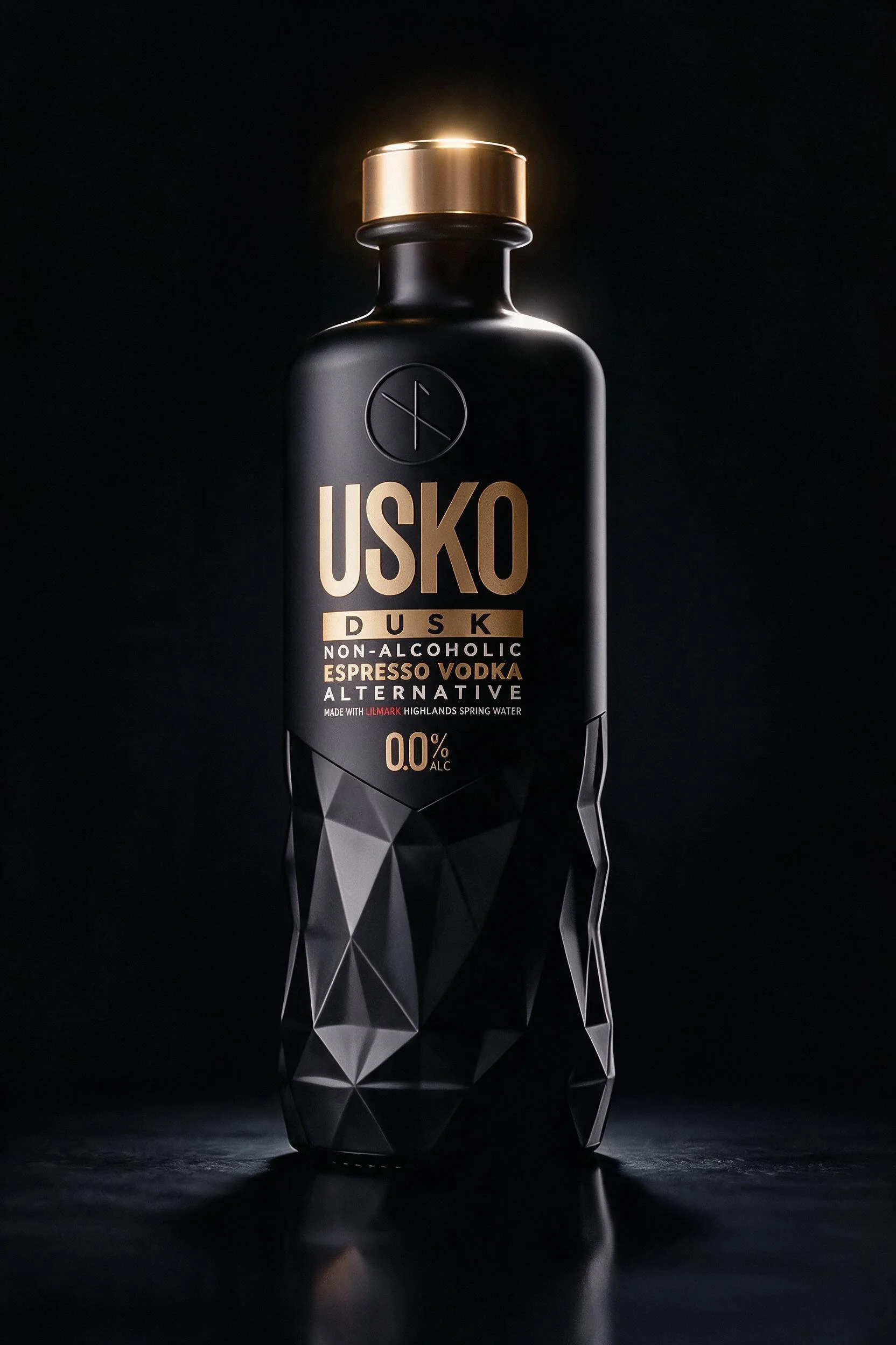 Black bottle labeled "USKO Dusk" non-alcoholic espresso vodka alternative with geometric silver design on lower part and gold cap, set against dark background.