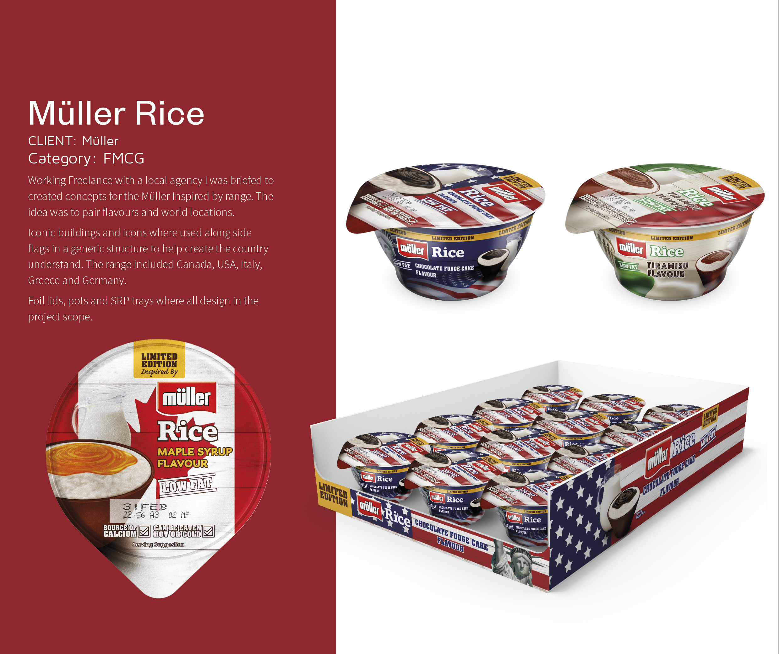 A display box of Müller Rice flavored chocolate fudge cake cups with an American flag design, showing multiple individual cups and a close-up of one cup with the flavor and brand information.