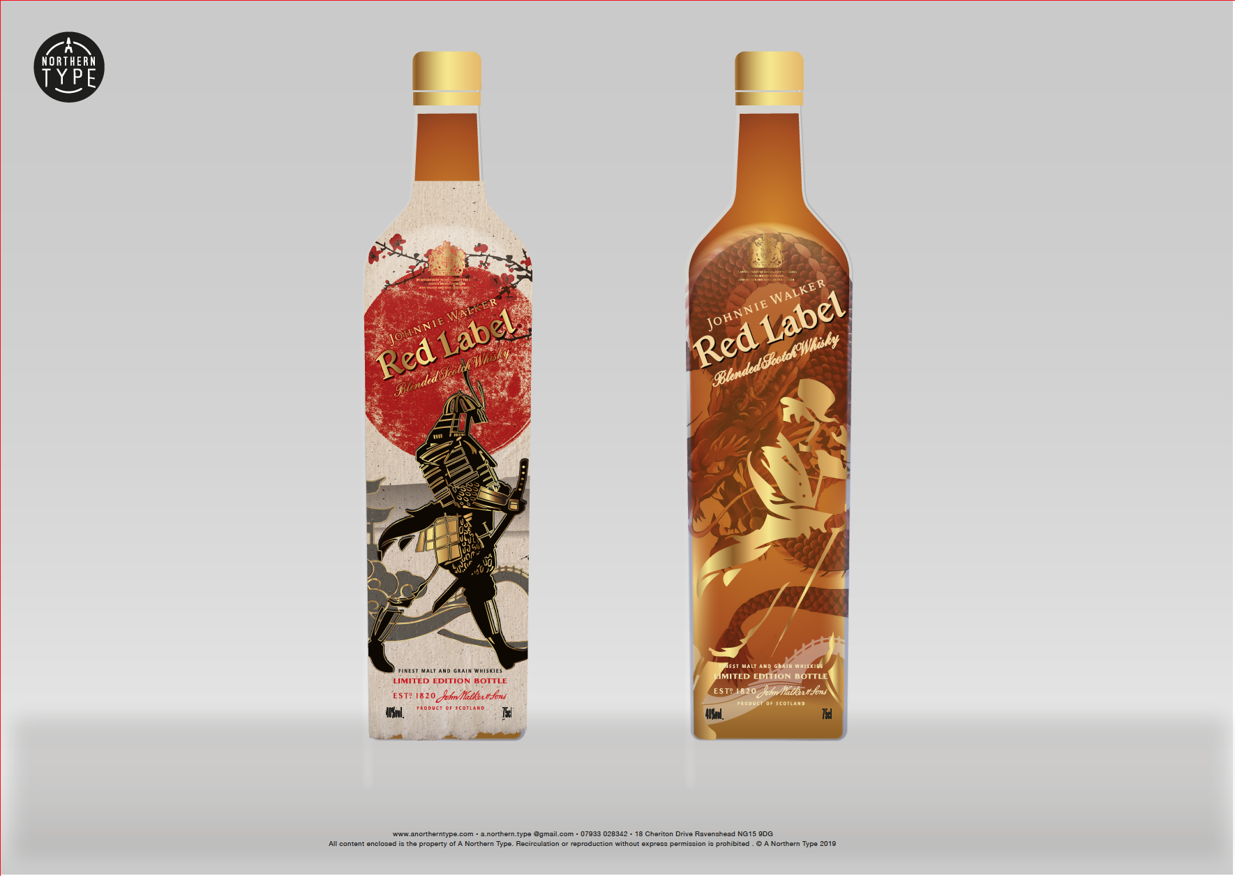 Two bottles of Johnnie Walker Red Label blended Scotch whisky, each with distinct label designs. The left features Japanese-inspired art with a samurai, while the right showcases a stylized dragon.
