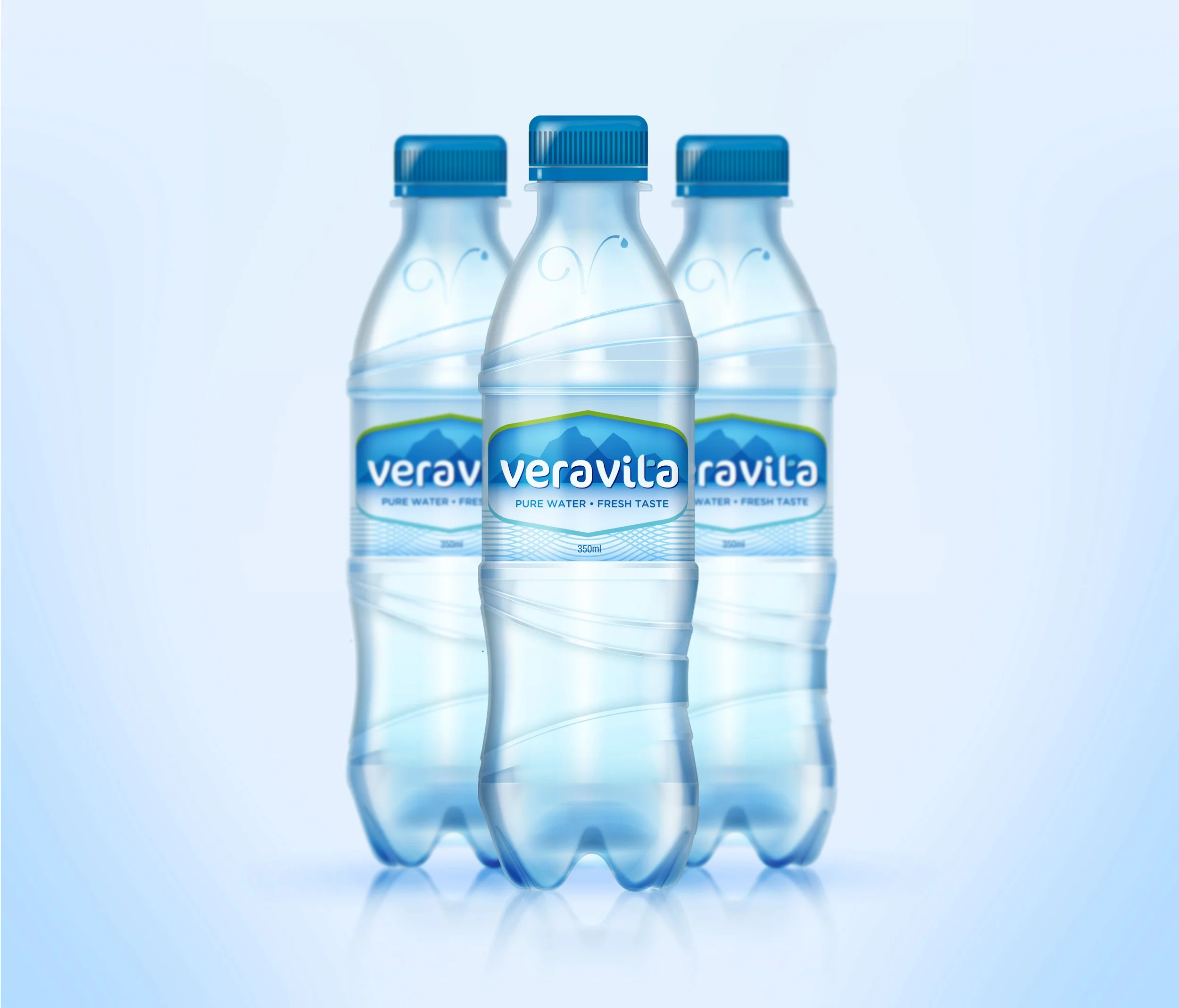 Three bottles of Veravita bottled water with blue caps and labels, reflecting on a surface, against a light blue background.