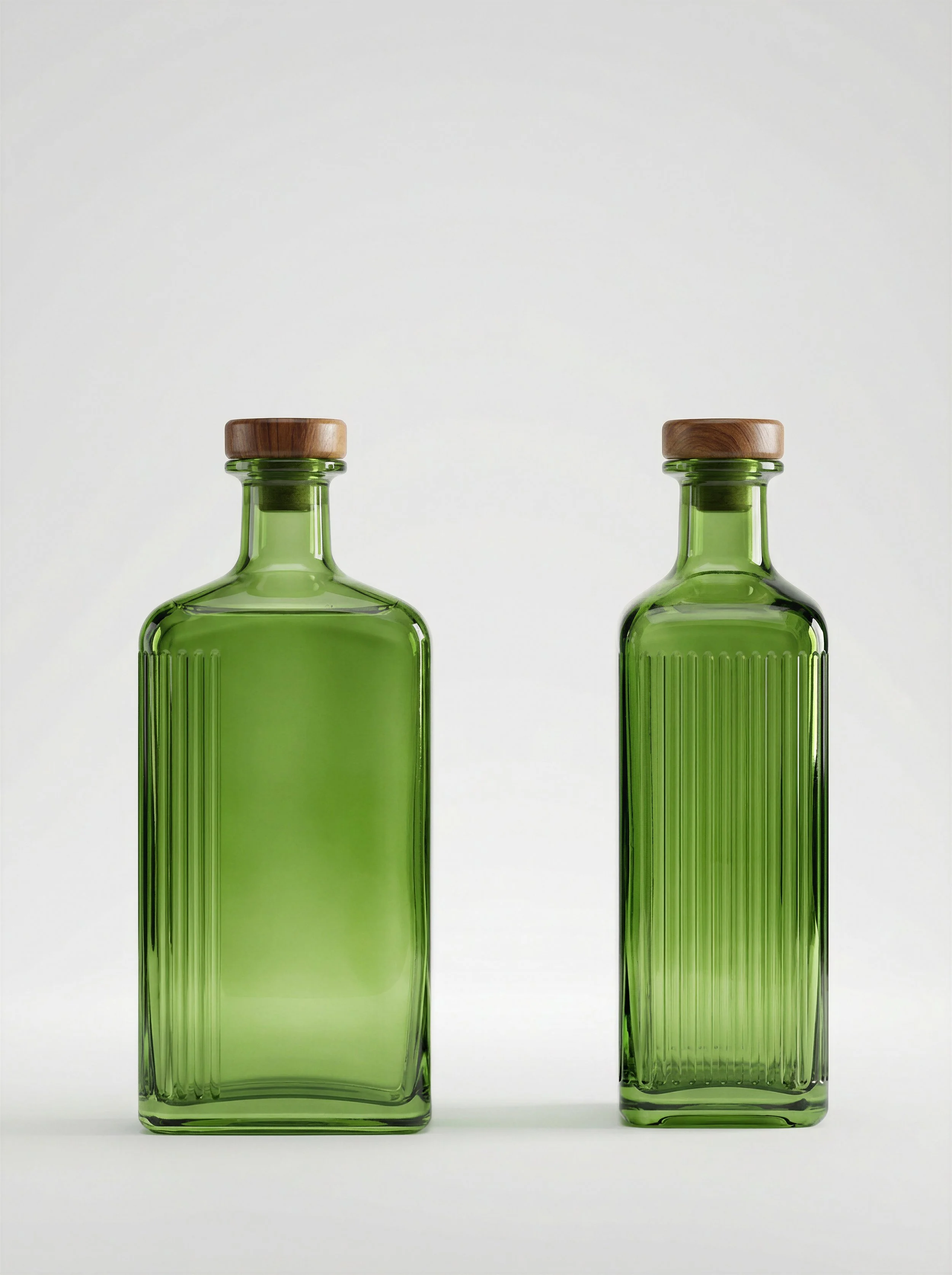 Two green glass bottles with wooden stoppers, positioned side by side on a white surface against a plain white background.
