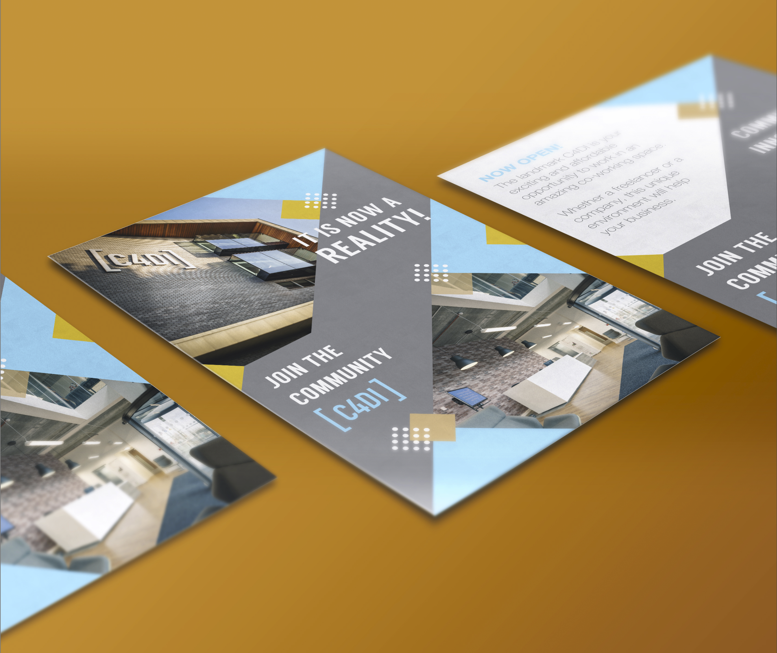 Brochure or flyer with text and images promoting a community or business opening, featuring a photo of a building's exterior and an interior space, with a yellow and blue color scheme.