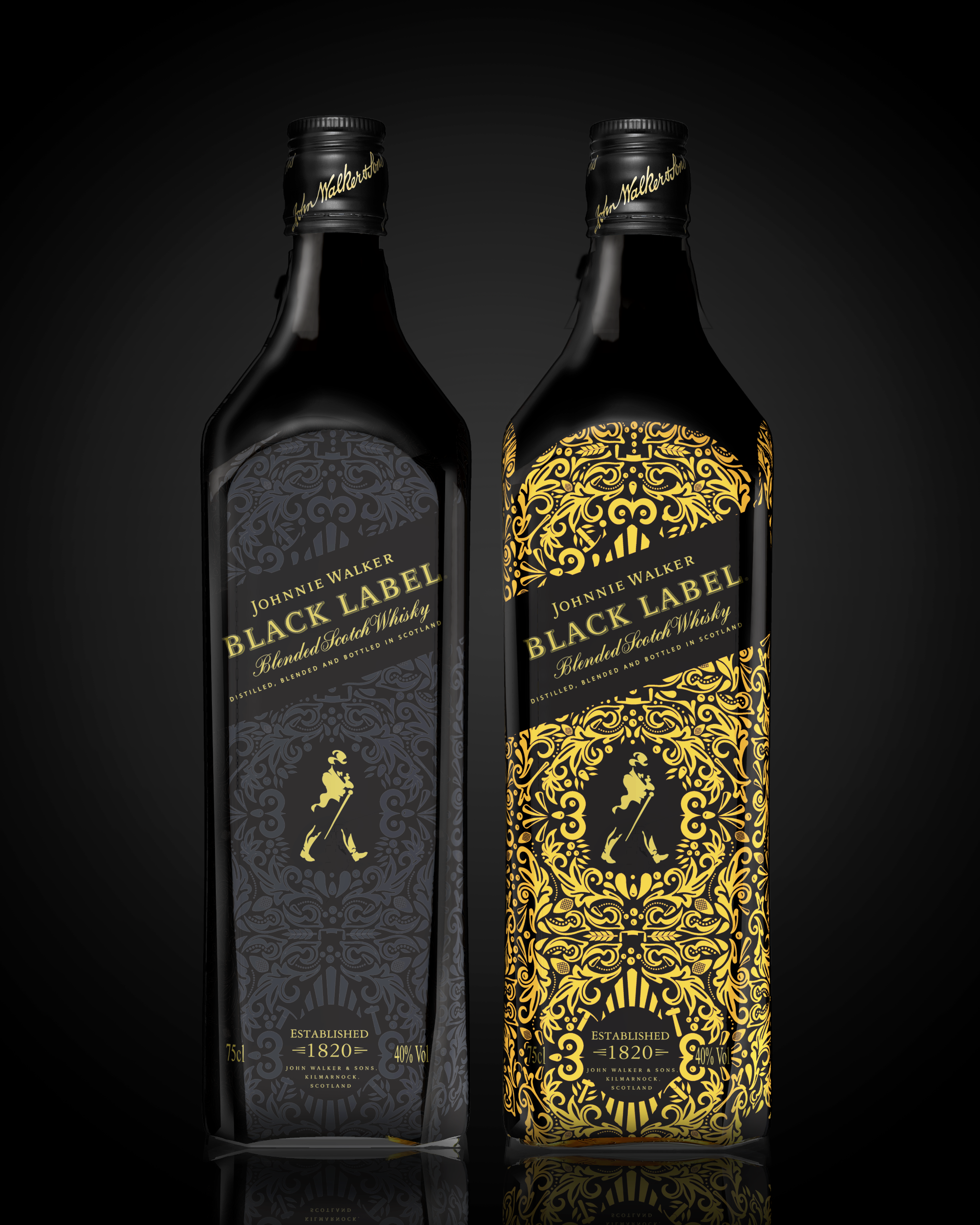 Two bottles of Johnnie Walker Black Label Scotch Whisky with black and gold ornate designs, set against a dark background.