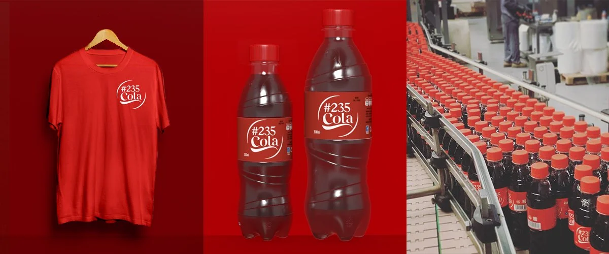 Red T-shirt, two red bottles of soft drink labeled '#235 Cola', and a conveyor belt of bottled drinks in a factory.