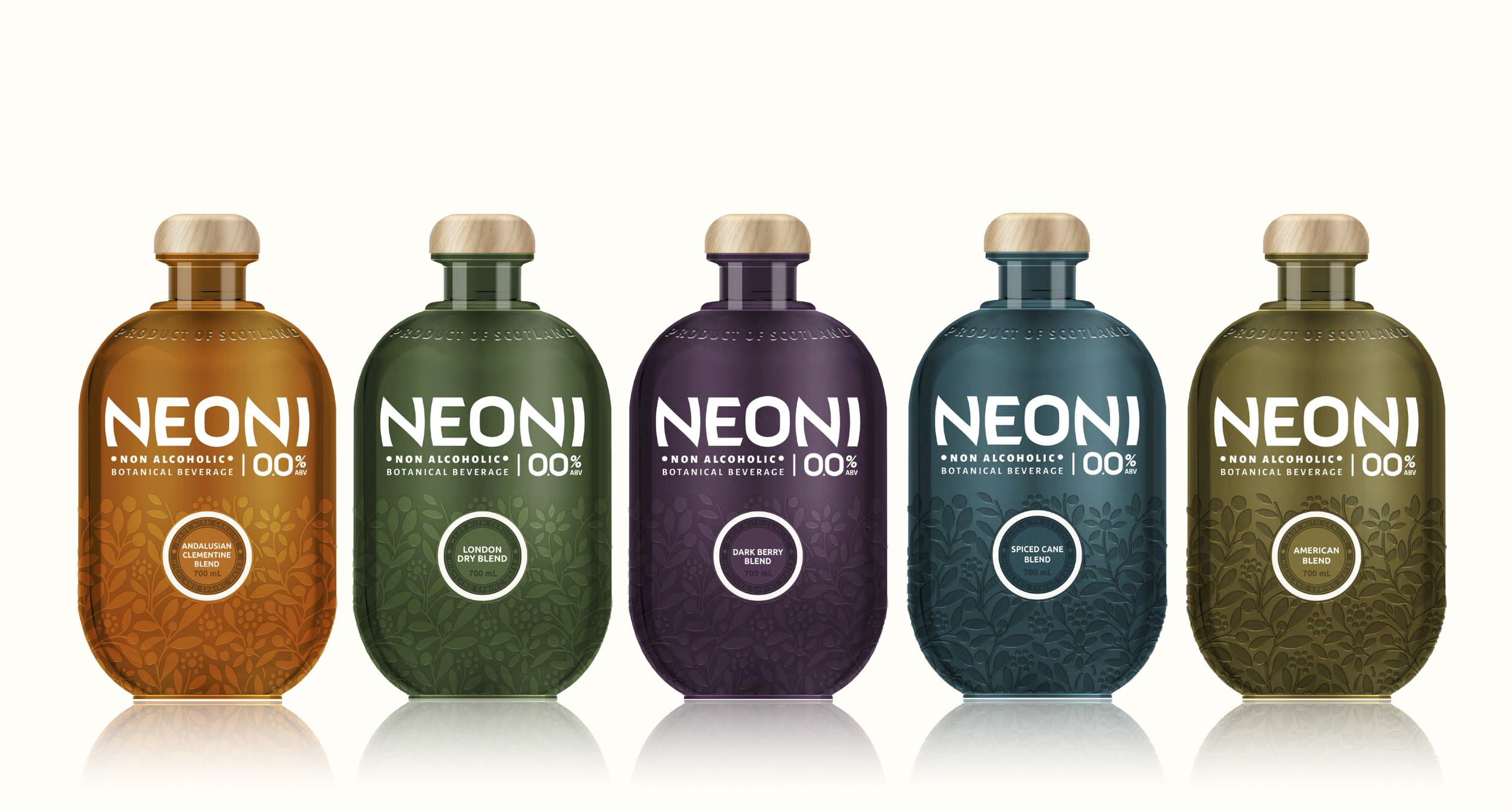 Five colorful bottles labeled 'NEONI' non-alcoholic botanical beverages in orange, green, purple, teal, and olive, with wood caps and botanical designs.