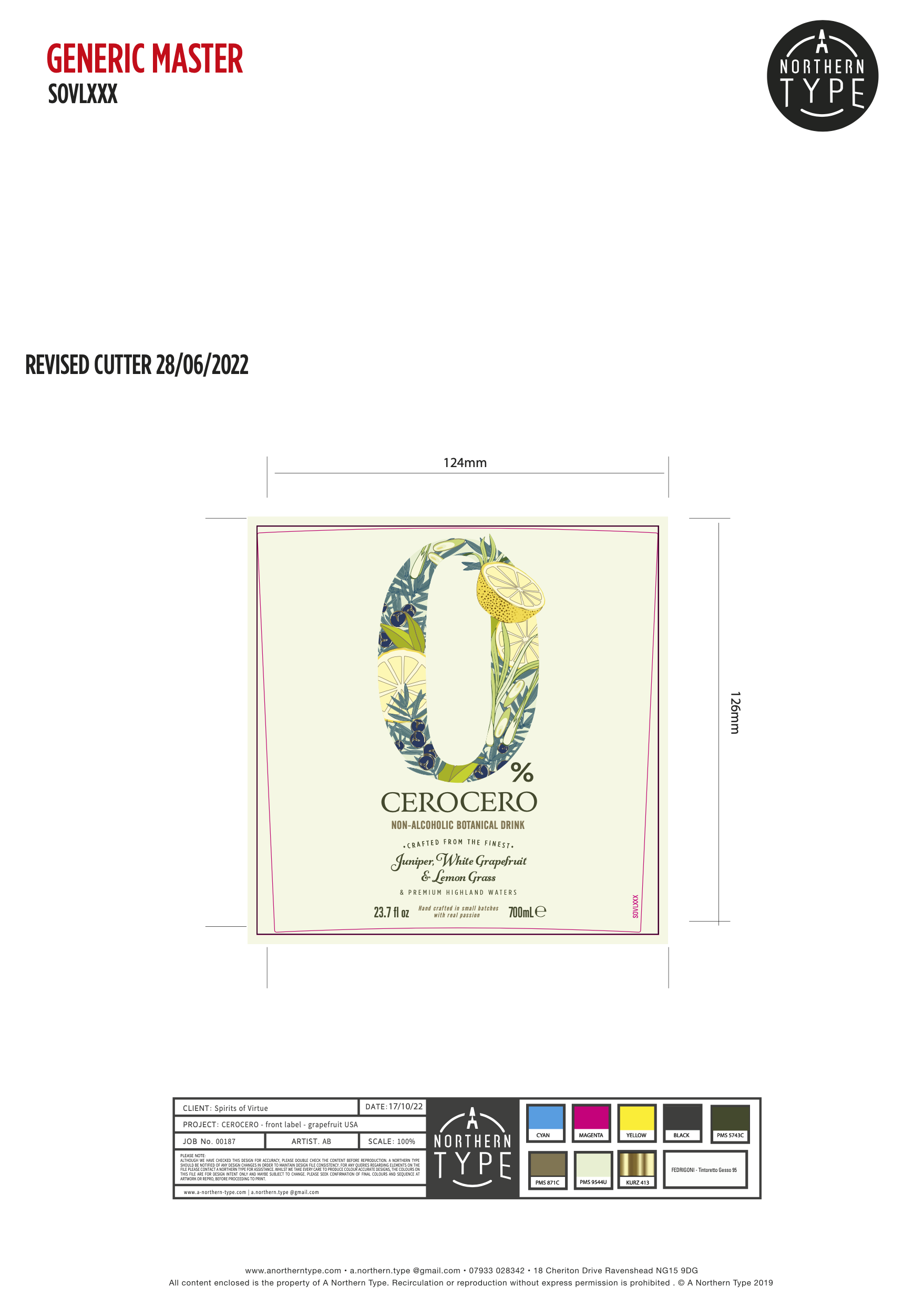 Packaging design for CeroCero non-alcoholic botanical drink featuring lemon, grapefruit, and juniper illustrations, with product details and branding.