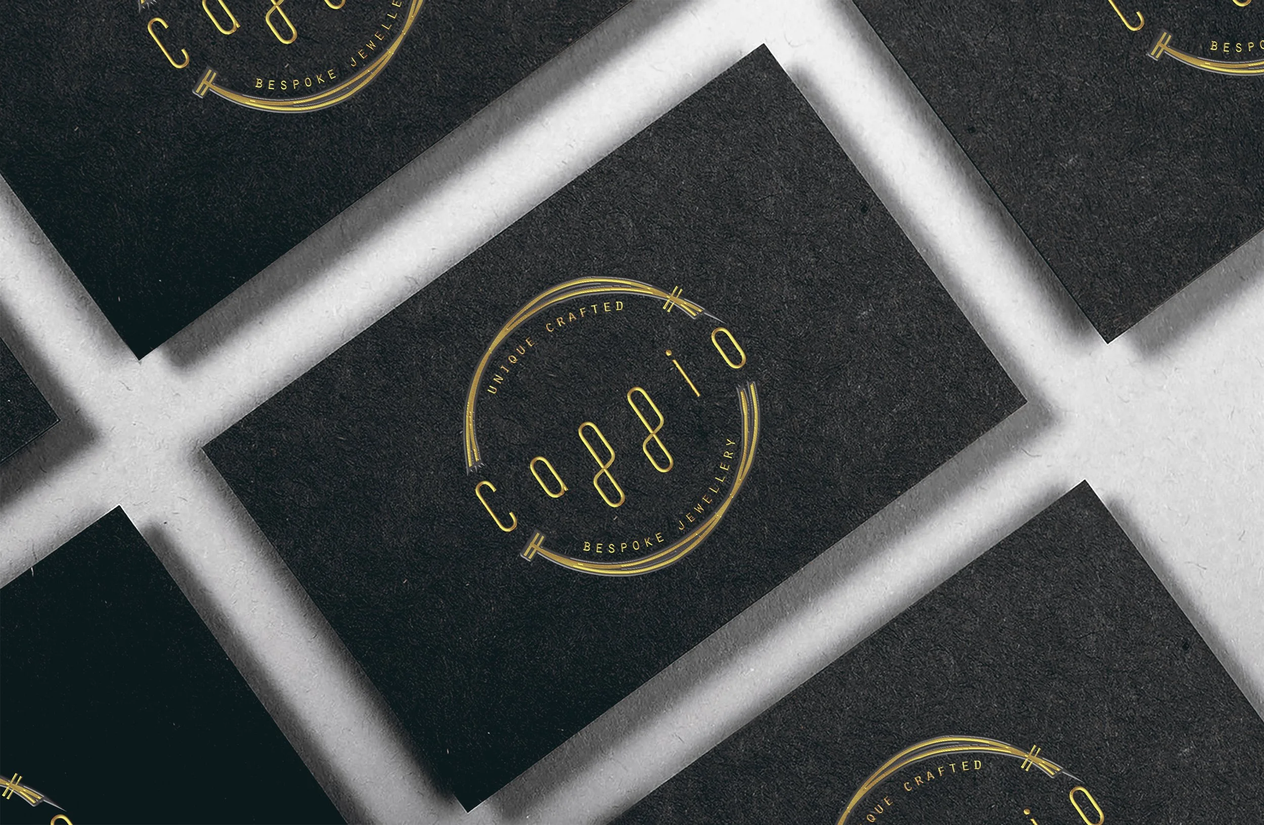Close-up image of black packaging with gold text and logo for a jewelry brand named Cielo, featuring a circular design with the words "Bespoke Jewelry" and "Unique Crafted."