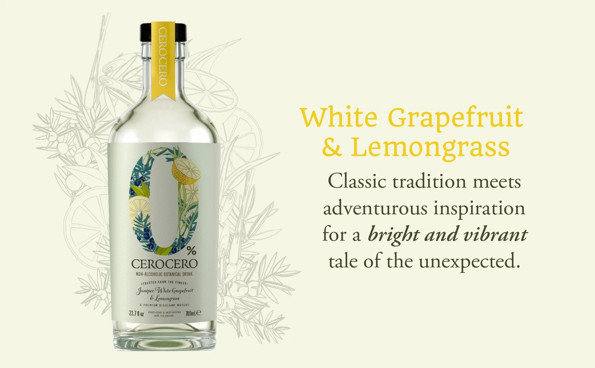 A bottle of Cerocero non-alcoholic botanical drink with a label featuring a white grapefruit and lemon illustration. The background includes a subtle line drawing of citrus fruits and leaves. The right side of the image has text describing the drink 
