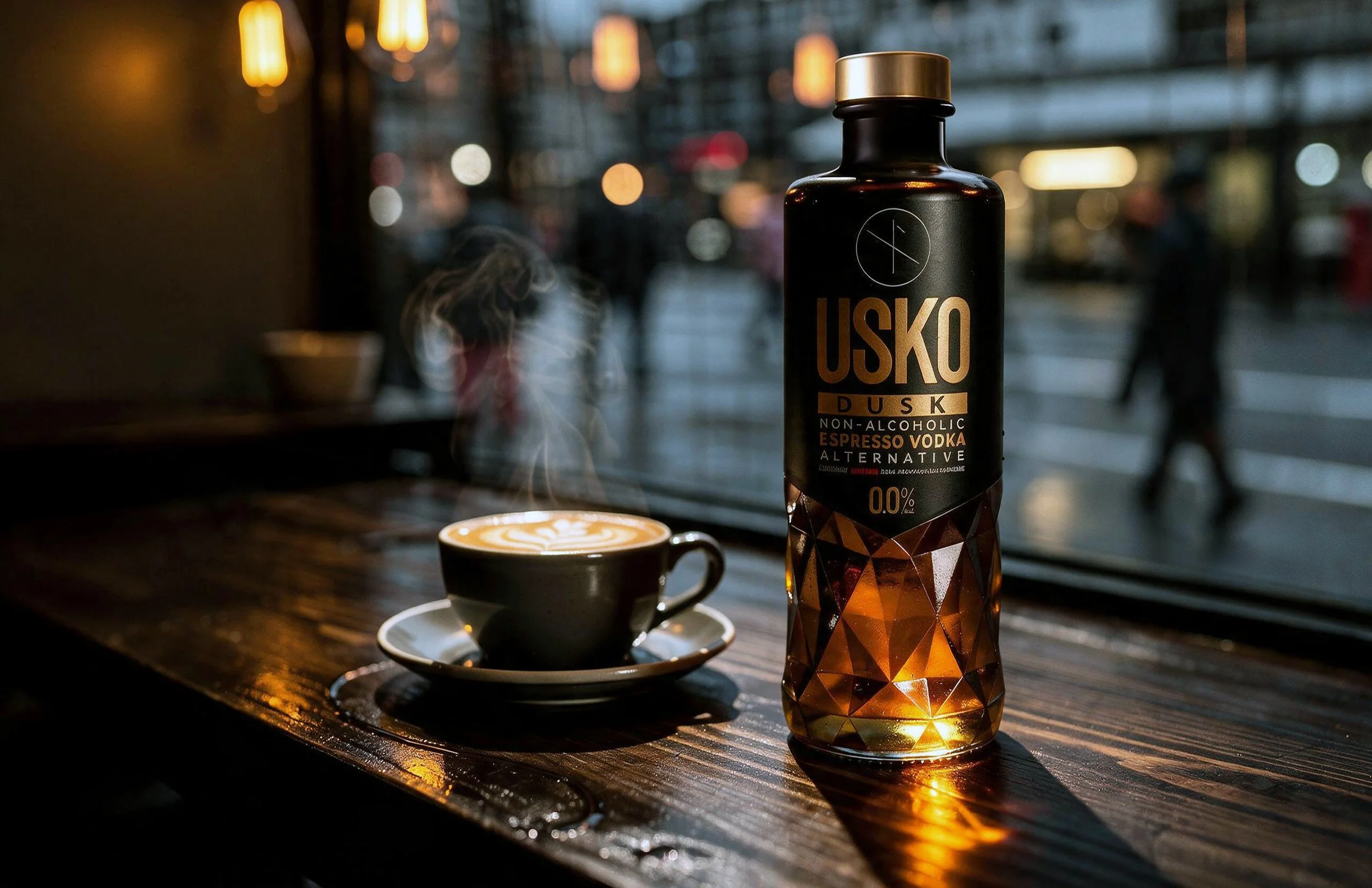 A bottle of USKO Dusk non-alcoholic espresso vodka with a geometric pattern, a cup of coffee on a saucer, and a latte with latte art on a wooden table near a window with city street lights in the background.