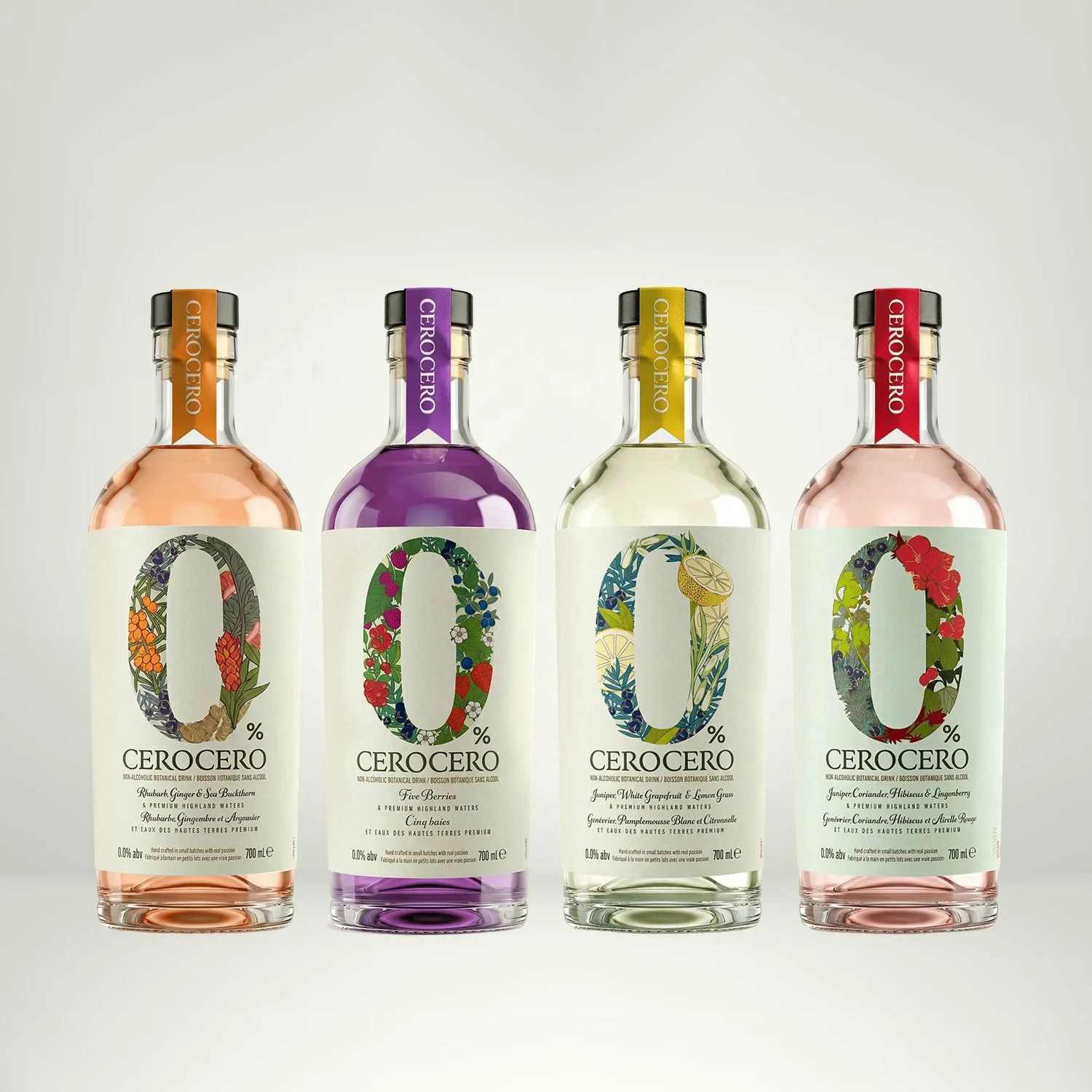 Four bottles of Cerocero botanical drinks with colorful floral labels and caps, arranged in a row against a plain background.
