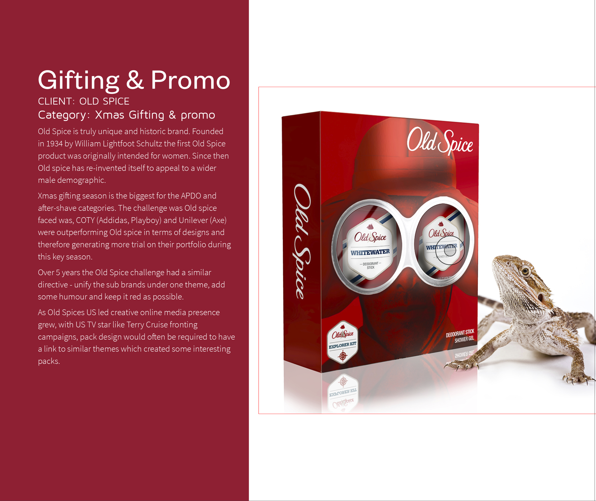 Packaging of Old Spice Whitewater deodorant stick and shower gel with a bearded lizard beside it on a white background.