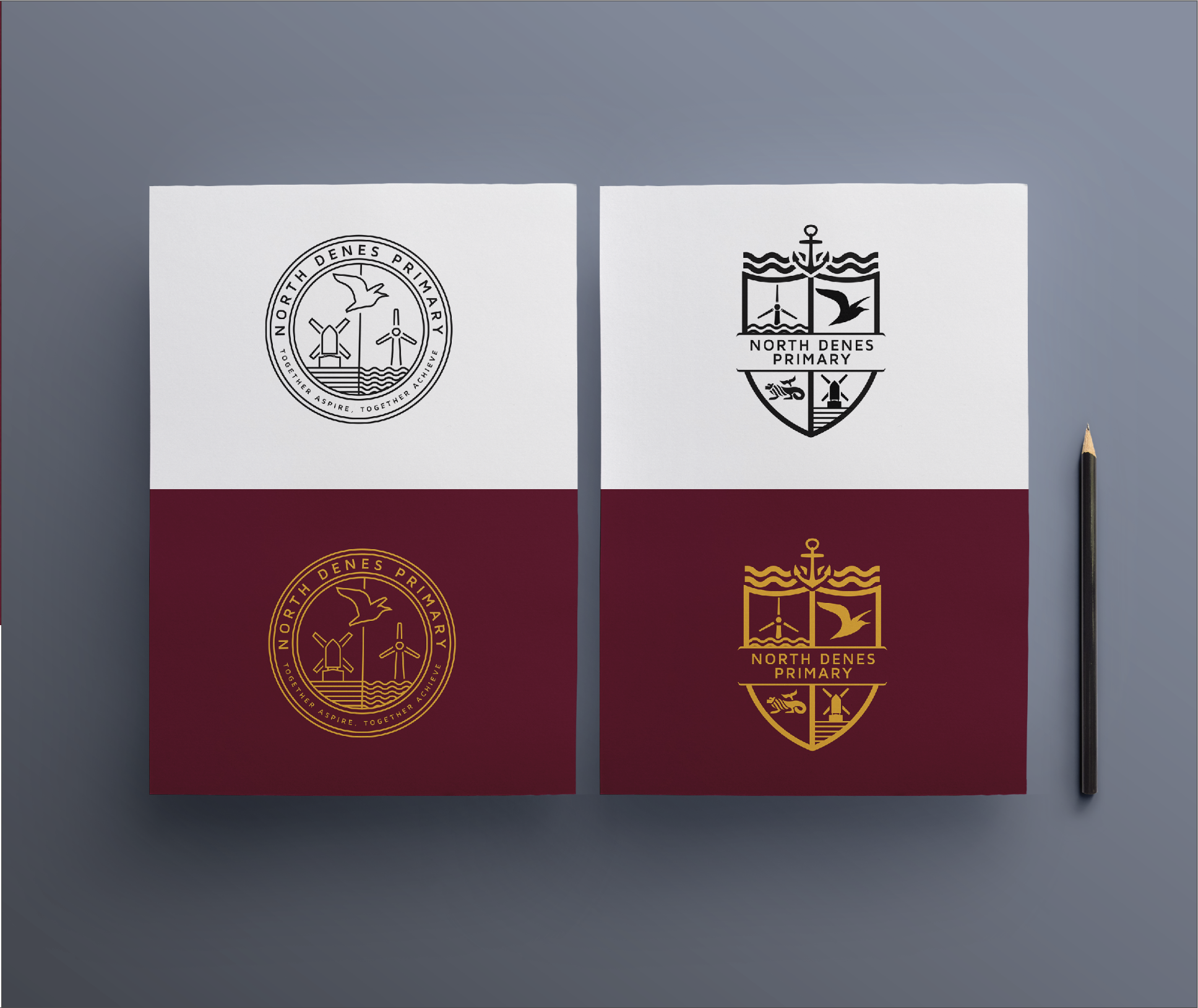 Four school logos for North Dens Primary with different colors and designs on white background.