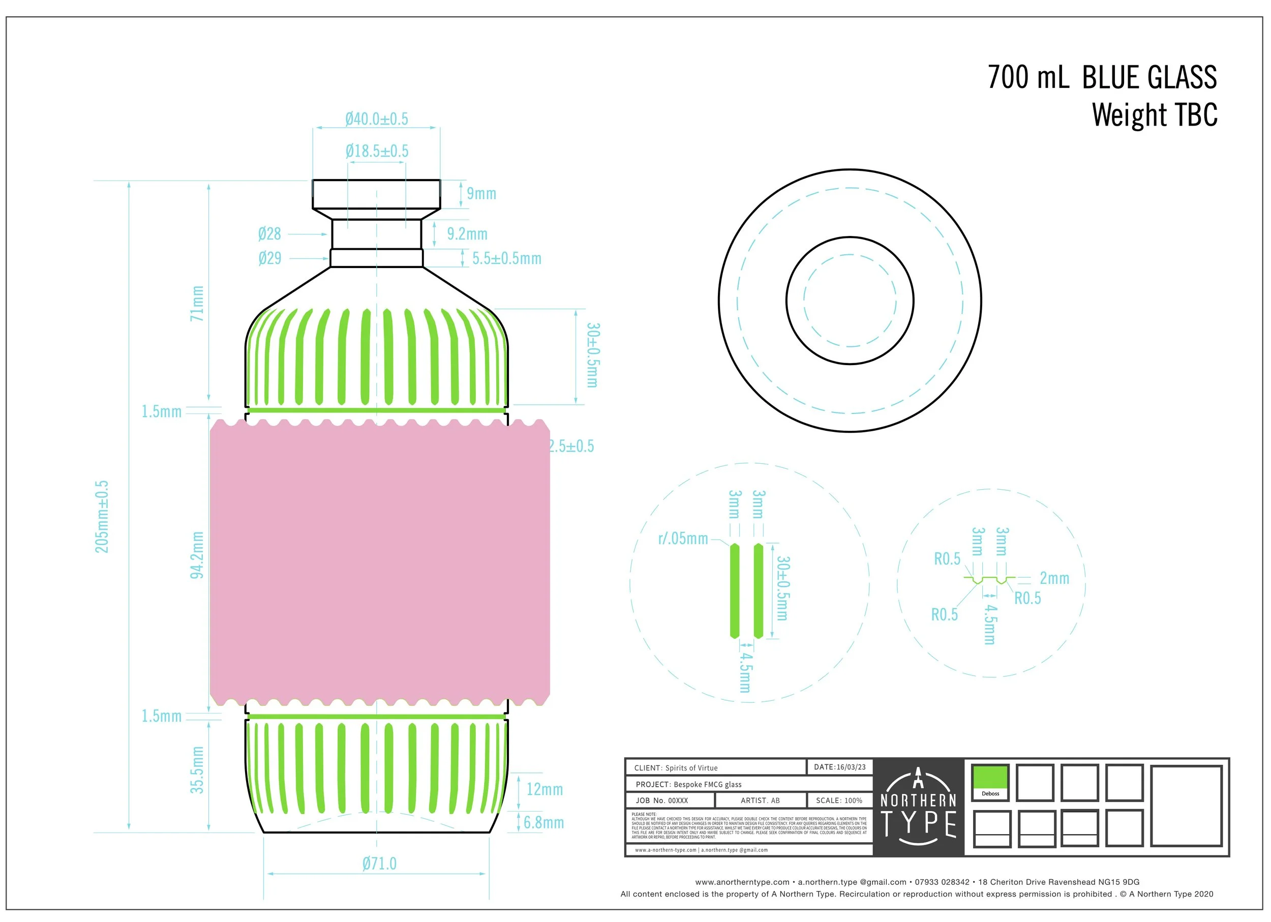 Technical drawing of a 700 ml blue glass bottle with detailed measurements and design specifications, including a green striped section, and company information at the bottom.