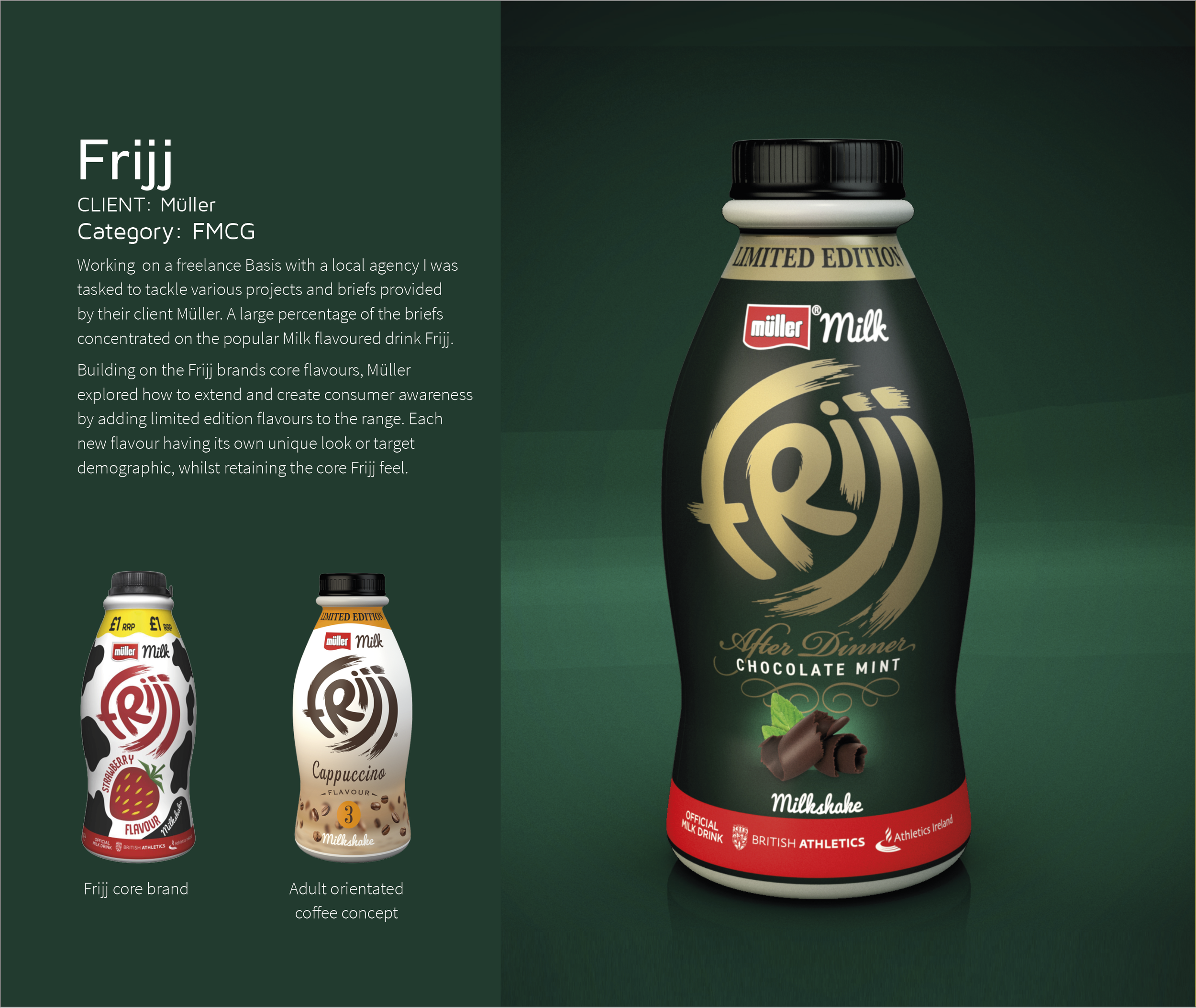A promotional display featuring various Müller Milks, including Strawberry, Cappuccino, and Chocolate Mint flavors, with a large bottle of Chocolate Mint flavor on the right. The text describes Müller as a core brand with an adult-oriented coffee con