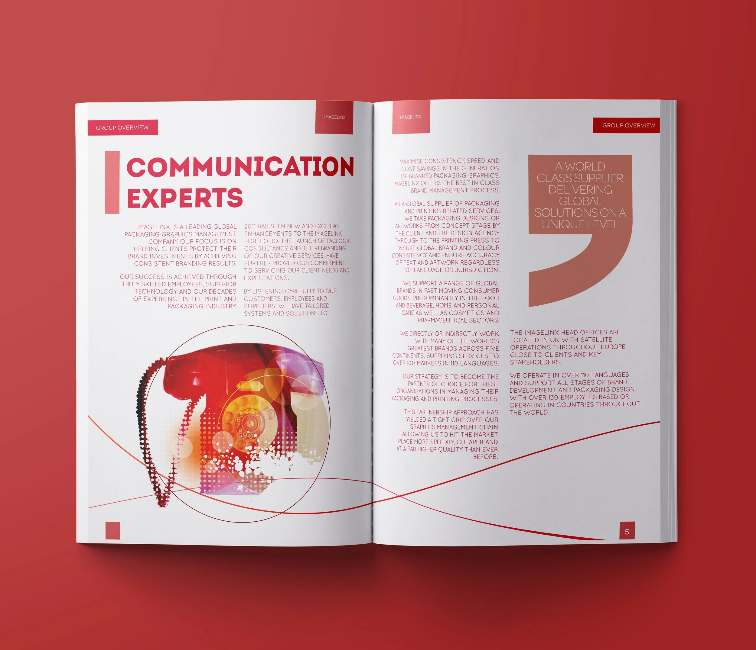 Open magazine spread with text and graphics on a red background, focusing on a section titled "Communication Experts" with colorful abstract artwork of a human head.