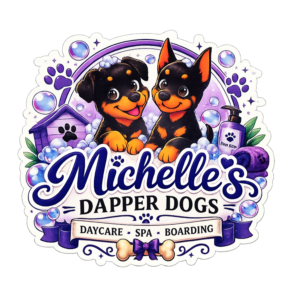 Colorful logo for Michelle's Dapper Dogs featuring cartoon illustrations of a happy puppy and a happy dog with bathing supplies, paw print symbols, and the words 'Daycare,' 'Spa,' and 'Boarding'.