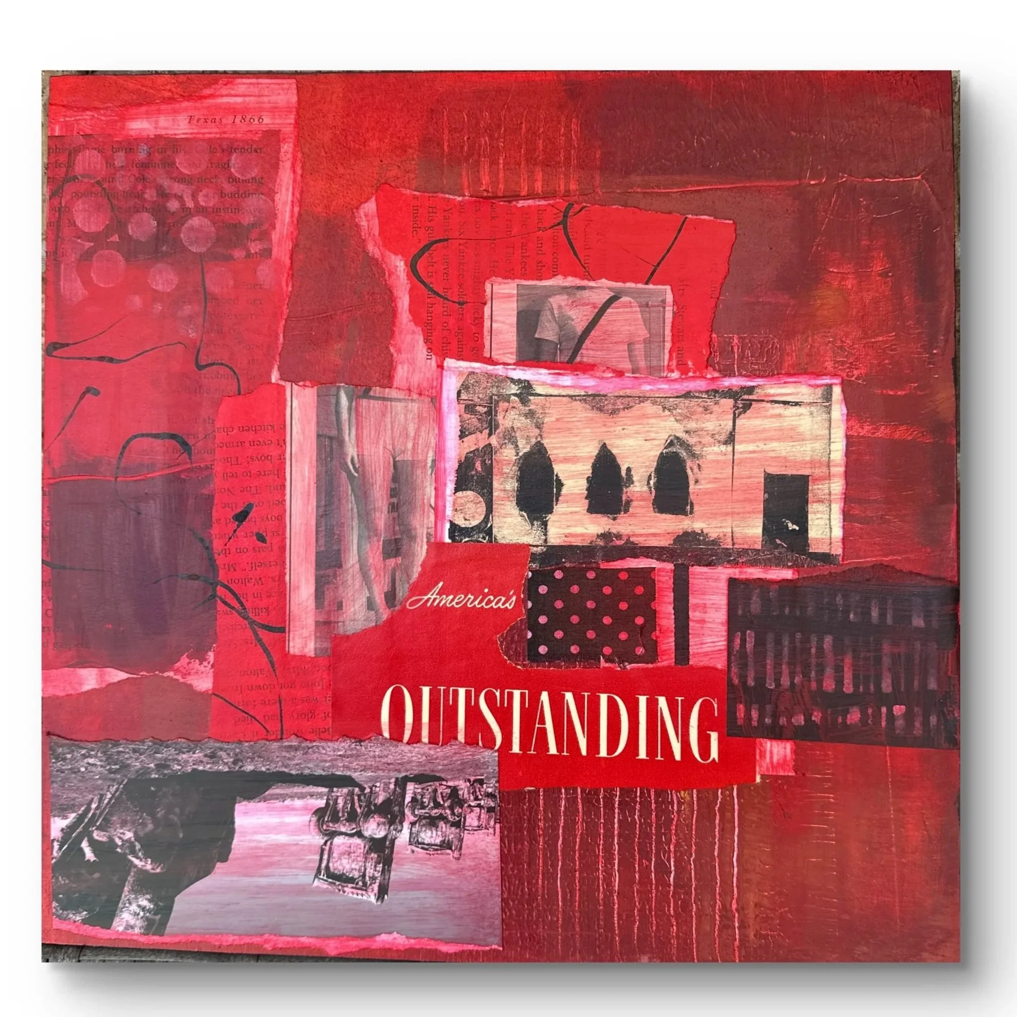 Mixed-media collage with red, black, and gray abstract shapes, torn paper, and text, including the word 'OUTSTANDING'.
