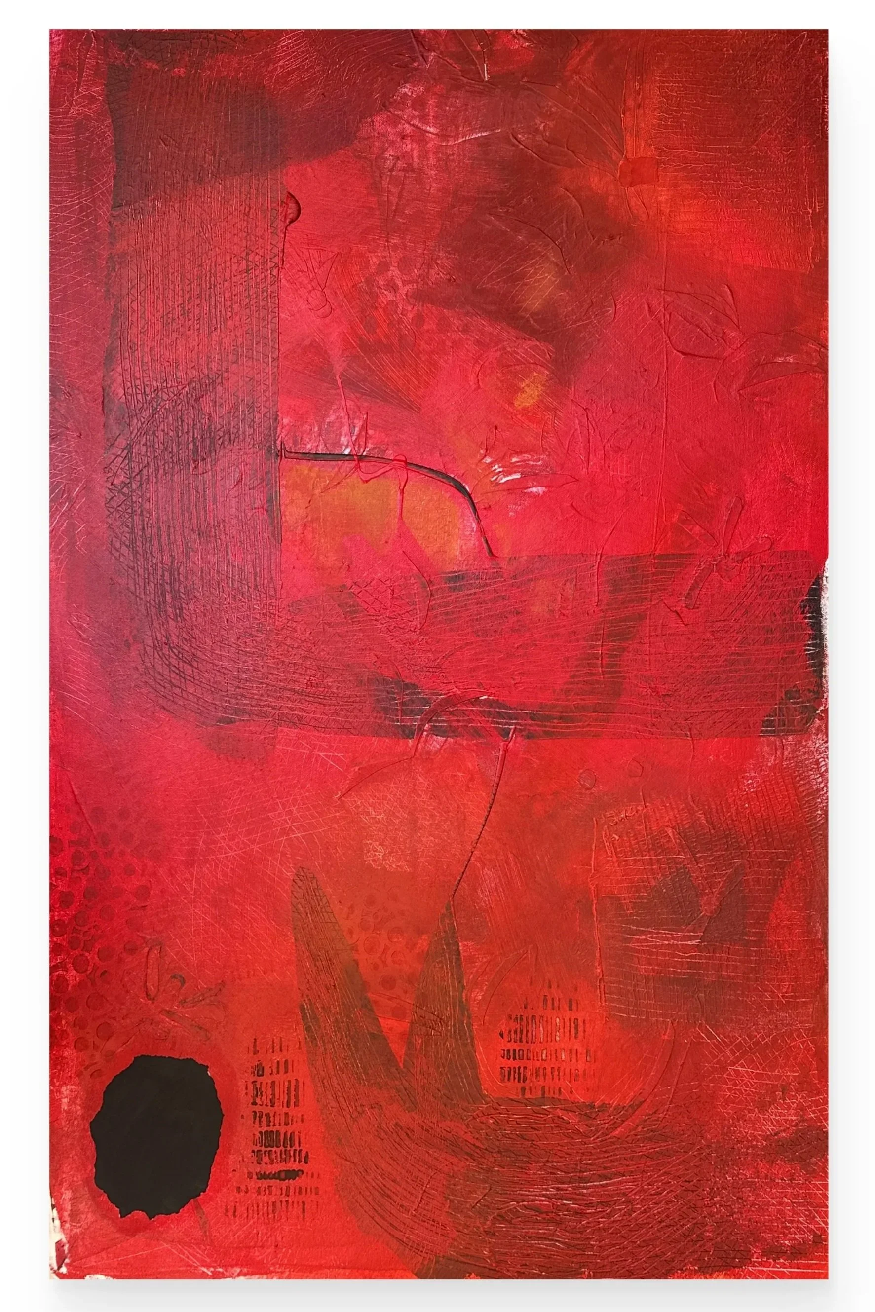 Abstract red textured art piece with darker red and black accents and cross-hatched patterns.