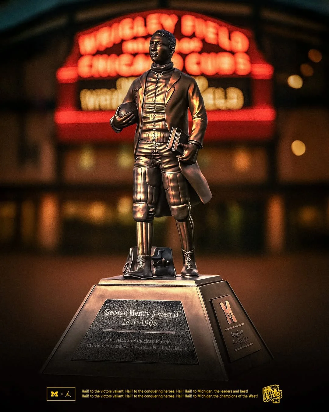 Bronze George Jewett Trophy showing Jewett in early football gear while holding a football and books, photographed with a glowing stadium sign in the background.