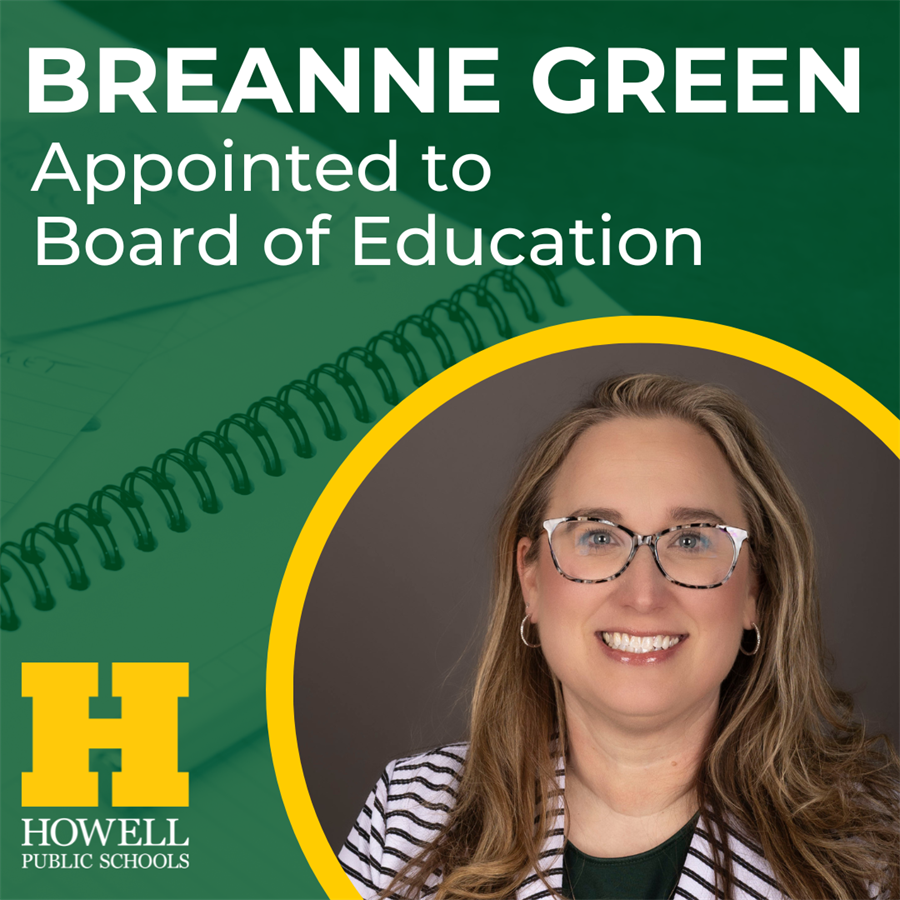 Portrait of Breanne Green, a woman with glasses and long hair, smiling, with a green background and yellow accents, indicating her appointment to Howell Public Schools Board of Education.