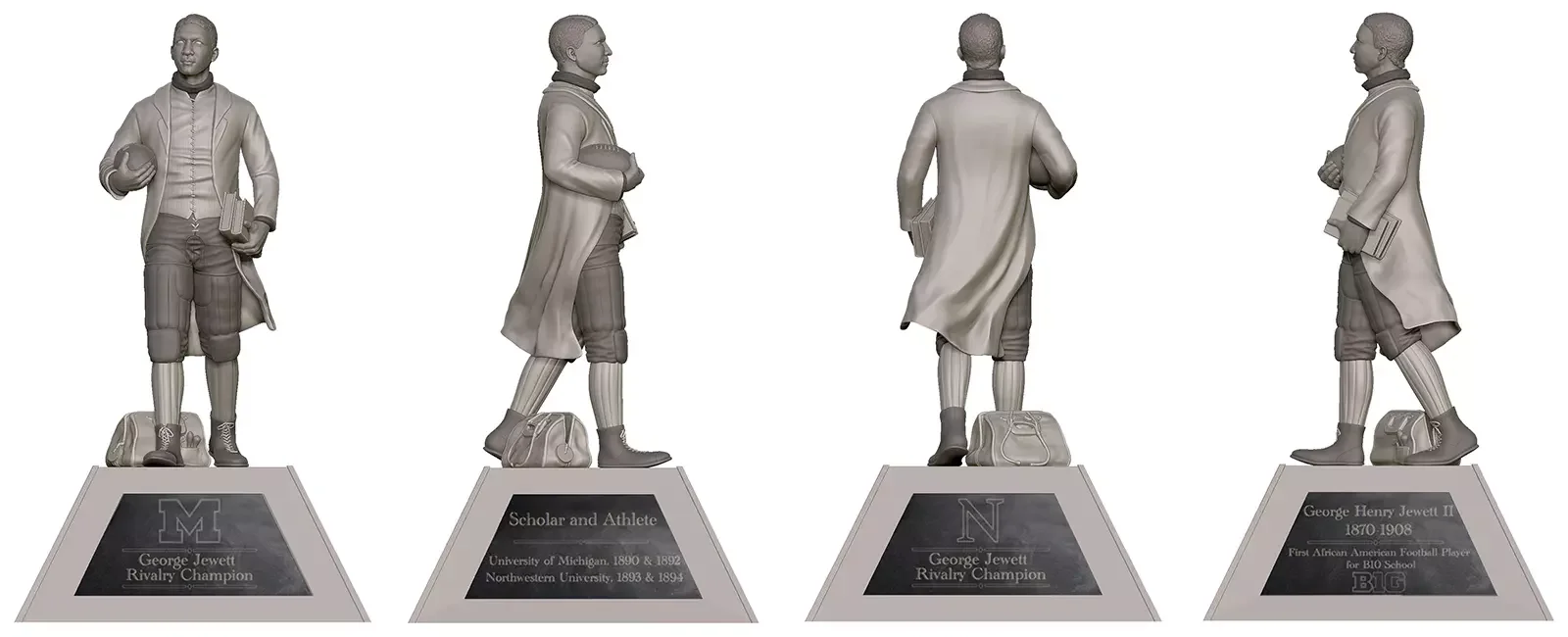 Design rendering showing the George Jewett Trophy from four different angles, including Michigan, Northwestern, scholar-athlete, and George Jewett panels on the base.