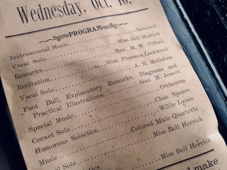 Close-up of the 1895 Howell Opera House program listing George H. Jewett for “Foot Ball, Explanatory Remarks, Diagrams and Practical Illustrations.”