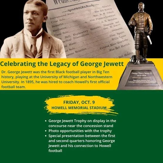 Howell Public Schools graphic announcing the Oct. 9 celebration of George Jewett, featuring a historic portrait of Jewett, the 1895 Howell Opera House program, and the George Jewett Trophy.