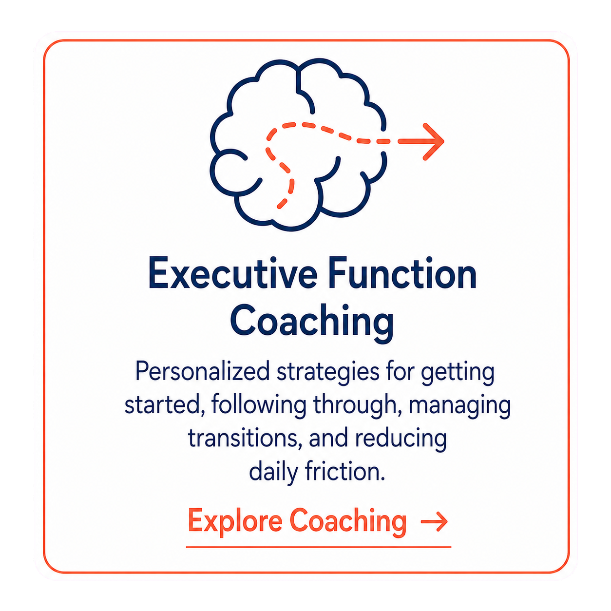 An advertisement for executive function coaching featuring a brain with a dashed arrow pointing to the right. The text promotes personalized strategies to improve task management and transition handling, encouraging viewers to explore coaching options.