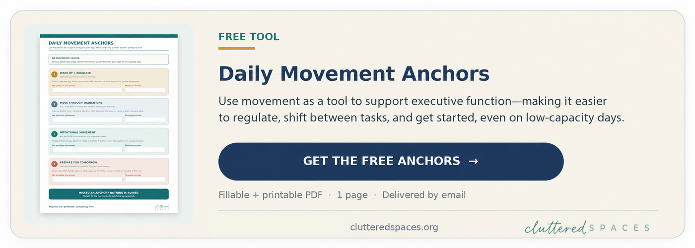 Daily Movement Anchors free tool for using movement to support executive function, regulation, transitions, and task initiation.