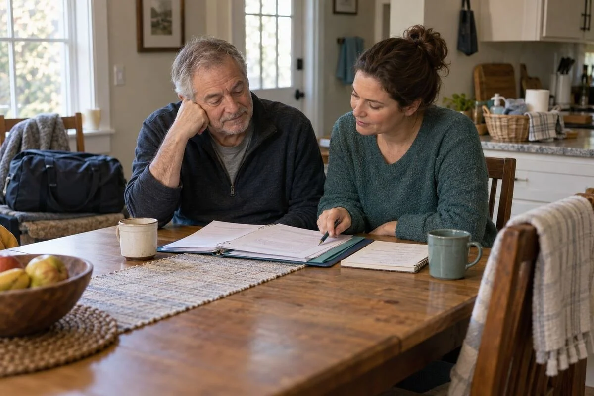 Adult and family member review hospital discharge papers together at a lived-in kitchen table after returning home.
