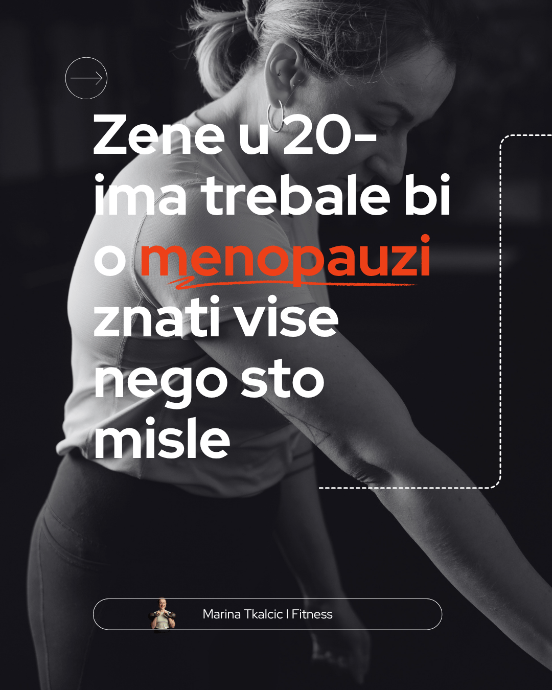 Black and white photo of a woman stretching or exercising, with overlaid text in Albanian discussing menopausal health.