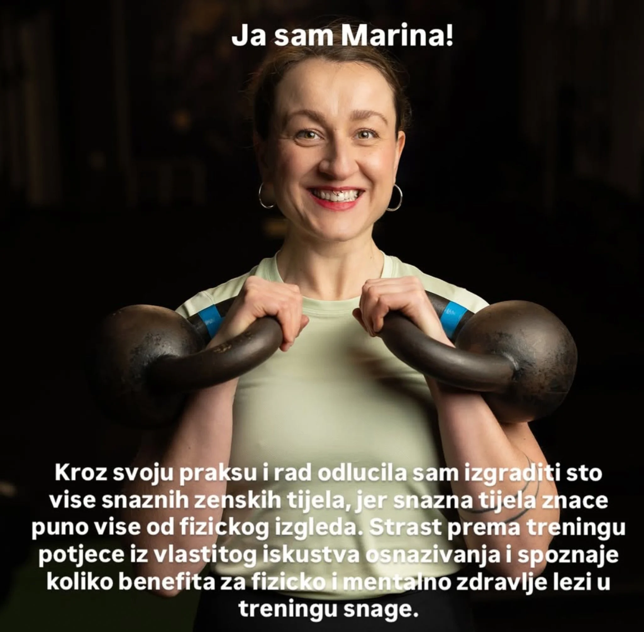 A smiling woman with short brown hair, wearing a light-colored shirt, holding her fists in front of her chest. She is standing in front of a dark background with the text 'Ja sam Marina!' at the top and additional text in Serbian below.