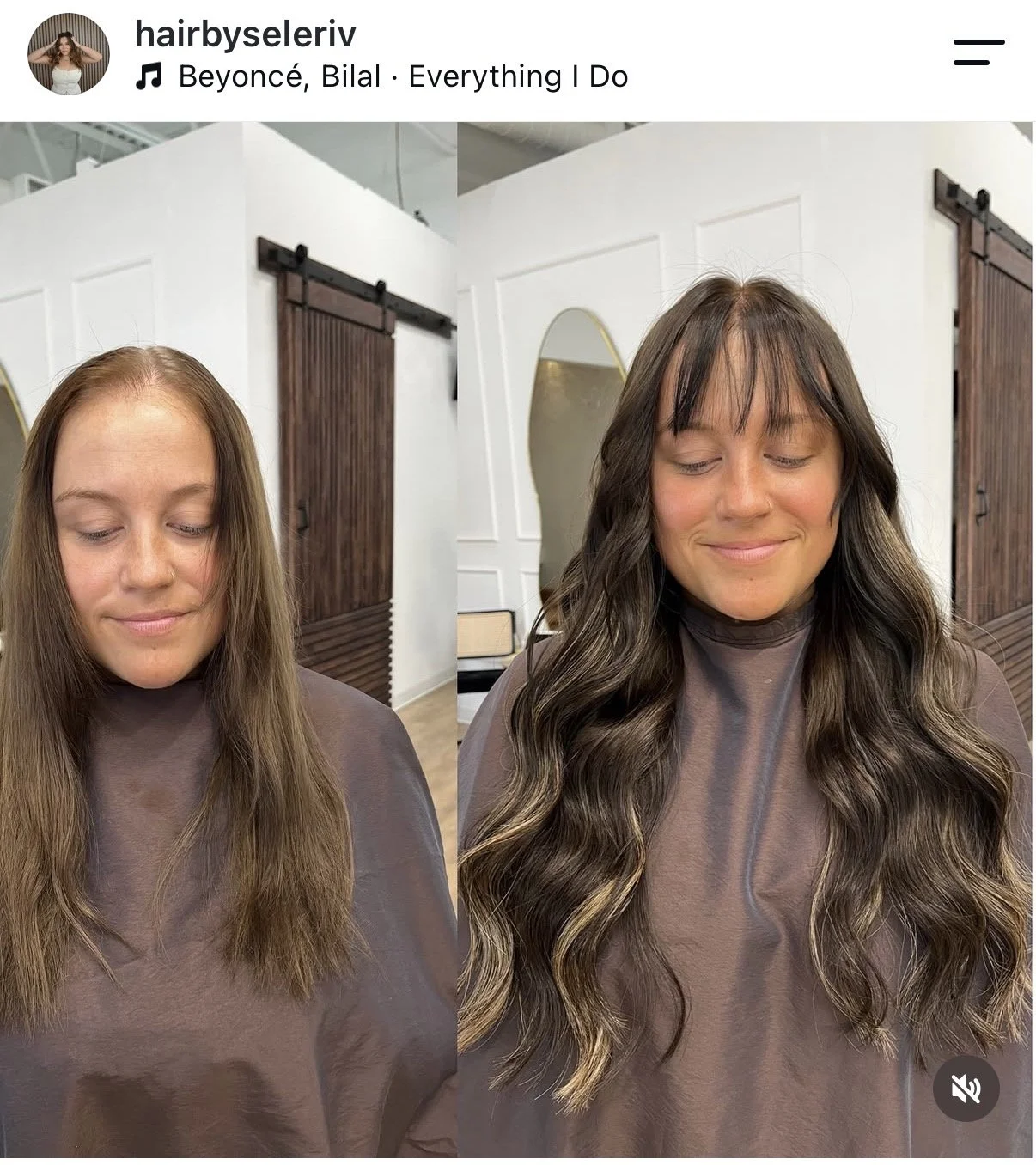 Before and after photos of a woman with shoulder-length hair, showing her hair transformed into long, curly, dark brown hair with highlights. She is in a salon setting with white walls and wooden sliding barn doors.