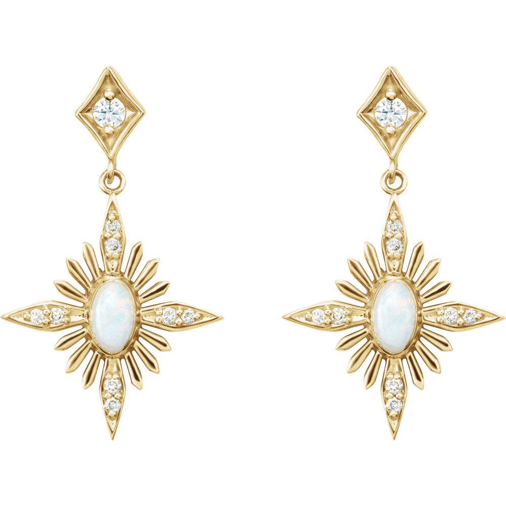 14K Yellow Gold Natural White Opal & 1/6 CTW Natural Diamond Star Earrings