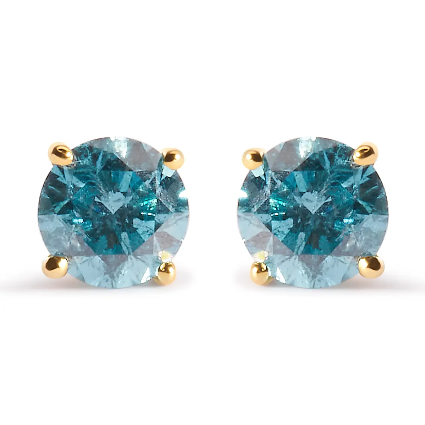14K Yellow Gold Aqua Blue Diamond Solitaire Stud Earrings | 1.00 CTW