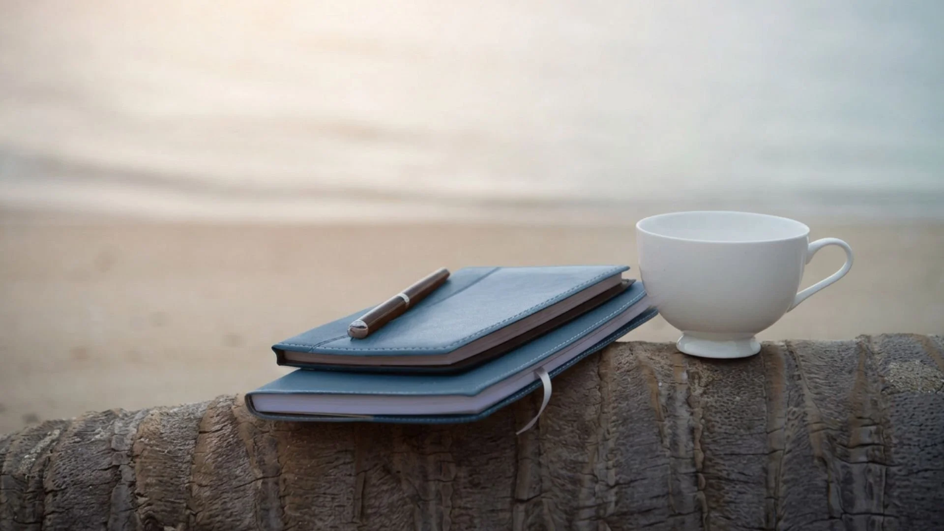 A white coffee cup, two closed notebooks, and a pen resting on top, placed on a rough stone surface by a body of water in the background.