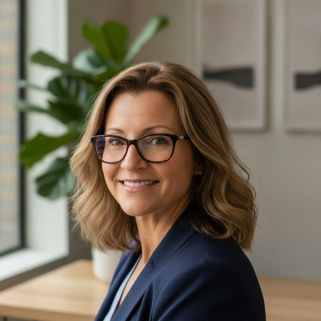 A woman with shoulder-length light brown hair, wearing black-rimmed glasses and a navy blazer, smiling in a modern office with large windows and houseplants in the background.
