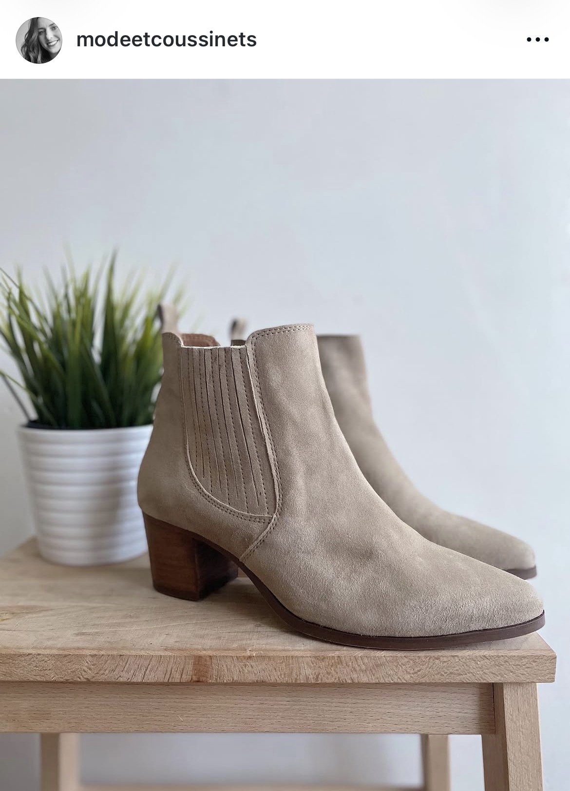 Une paire de bottines en daim beige avec talon en bois, placées sur une table en bois clair, à côté d'une plante verte dans un pot blanc, contre un mur blanc.