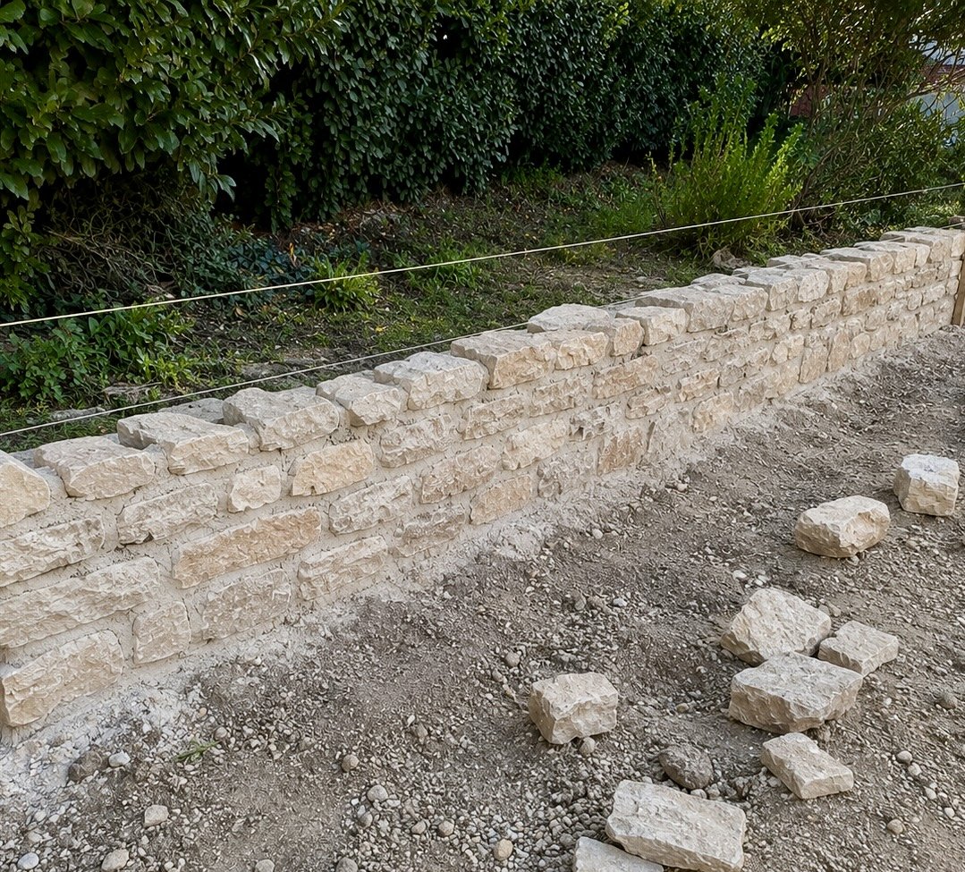 Mur en pierre en cours de construction avec des pierres disposées à côté.