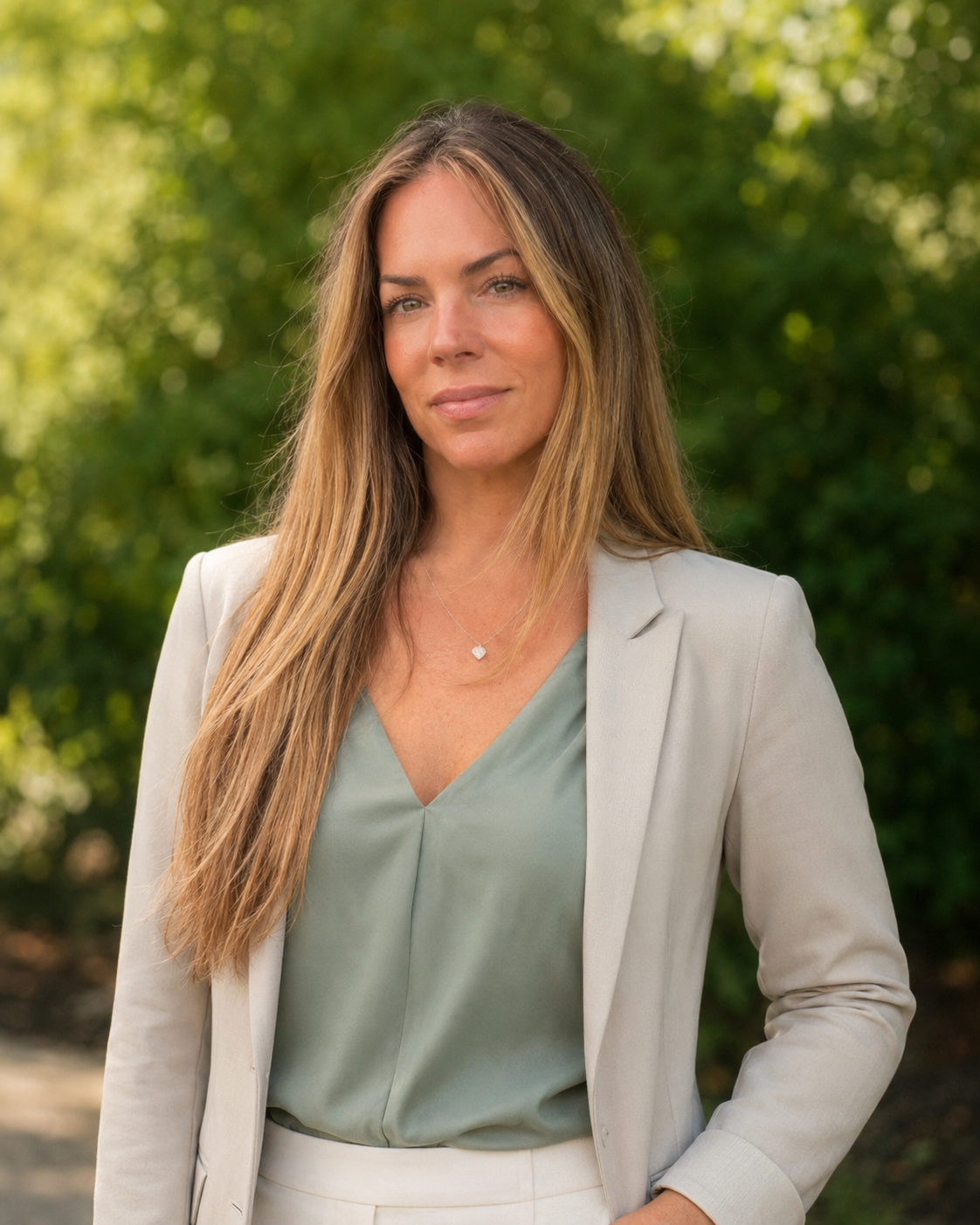 Woman with long brunette hair wearing a light gray blazer and matching pants, green blouse, standing outdoors with green foliage background.