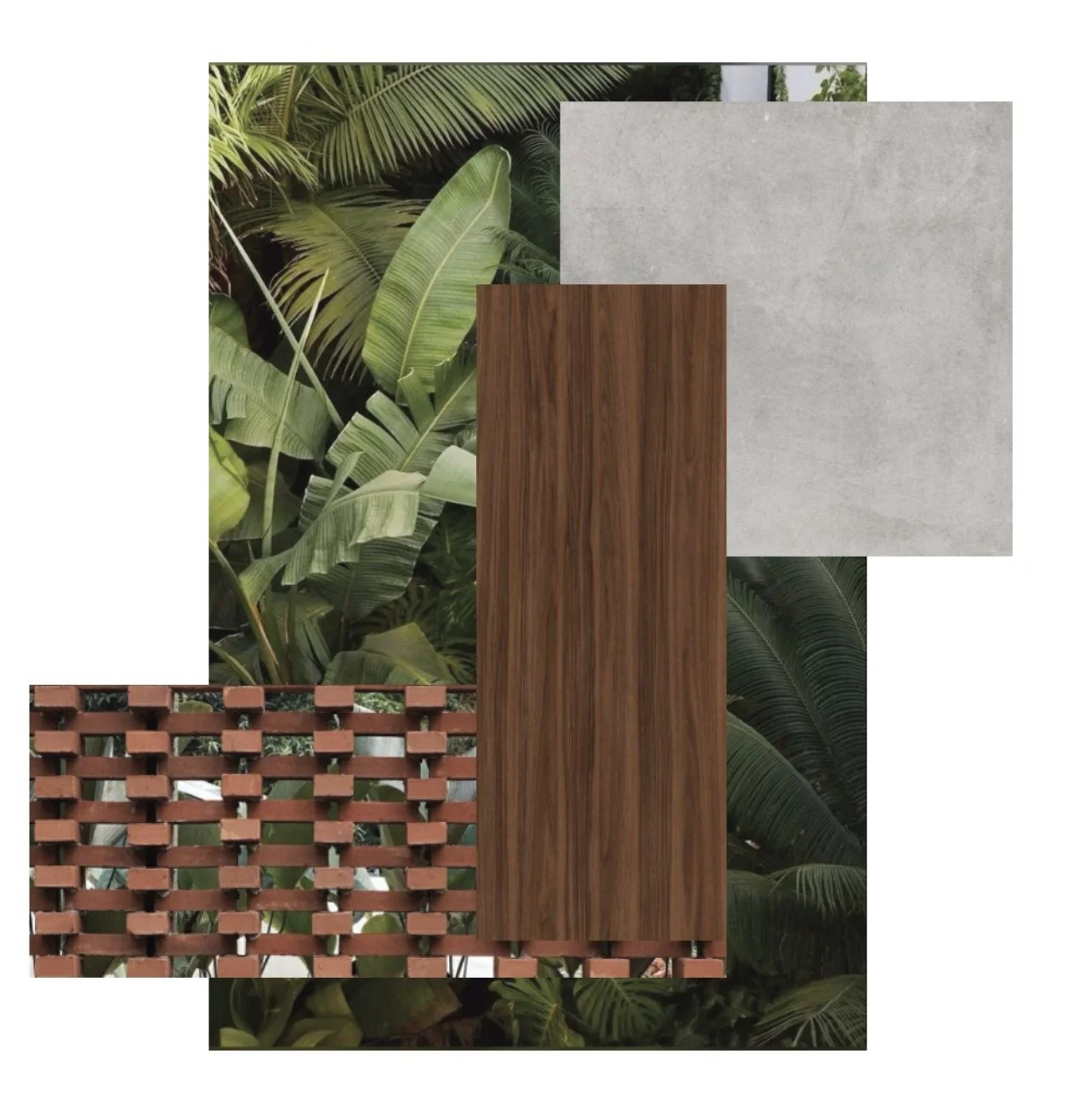 Collage of textures and materials including tropical leaves, polished wood, concrete, and a brick lattice, arranged with overlapping layers.