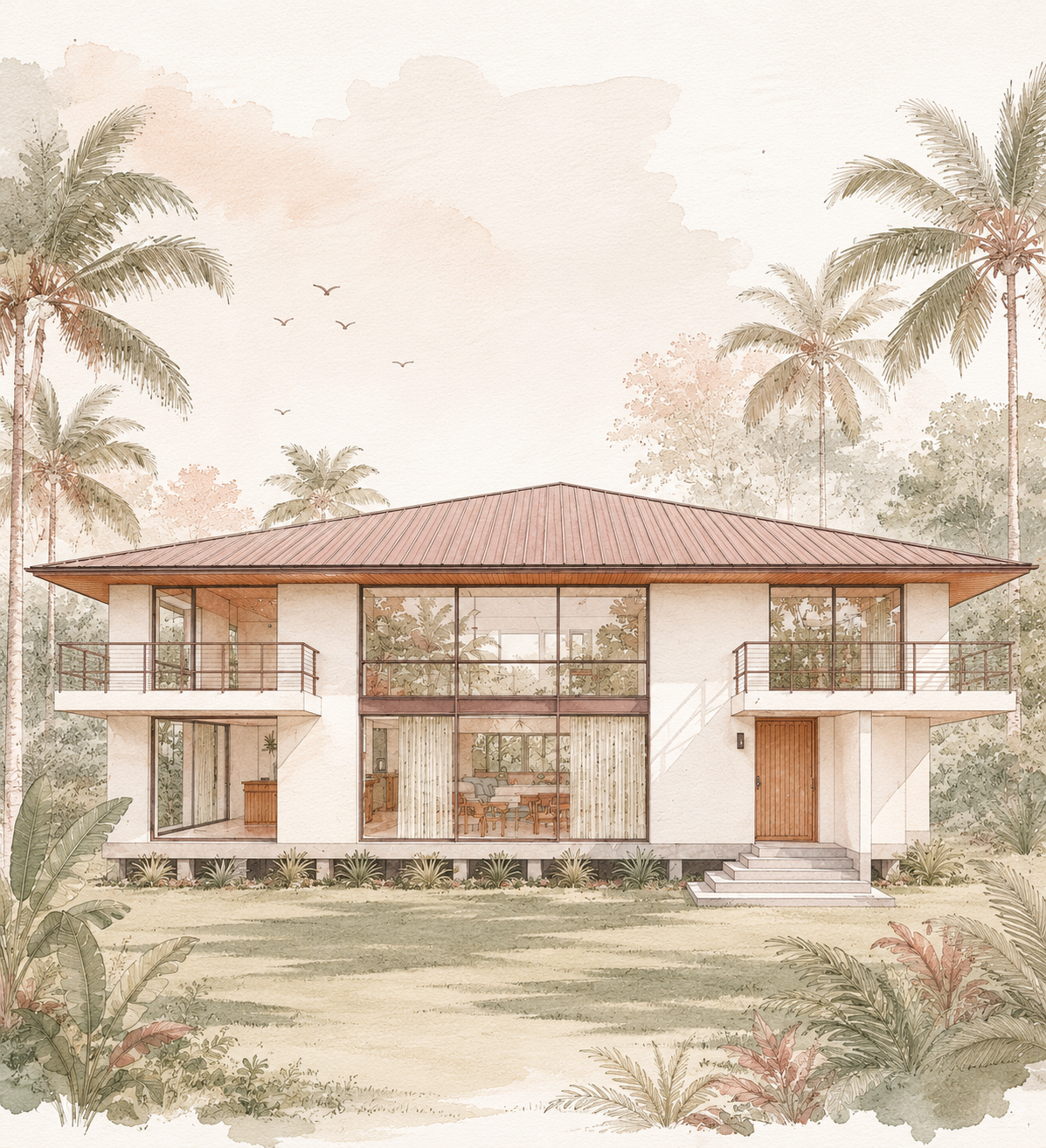 Illustration of a modern two-story house with large glass windows, surrounded by tropical palm trees and plants, with a lush lawn in front.